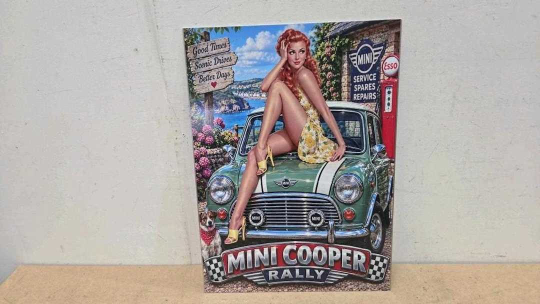 STEEL MINI COOPER PIN UP GIRL REPRO SIGN 22" X 16"