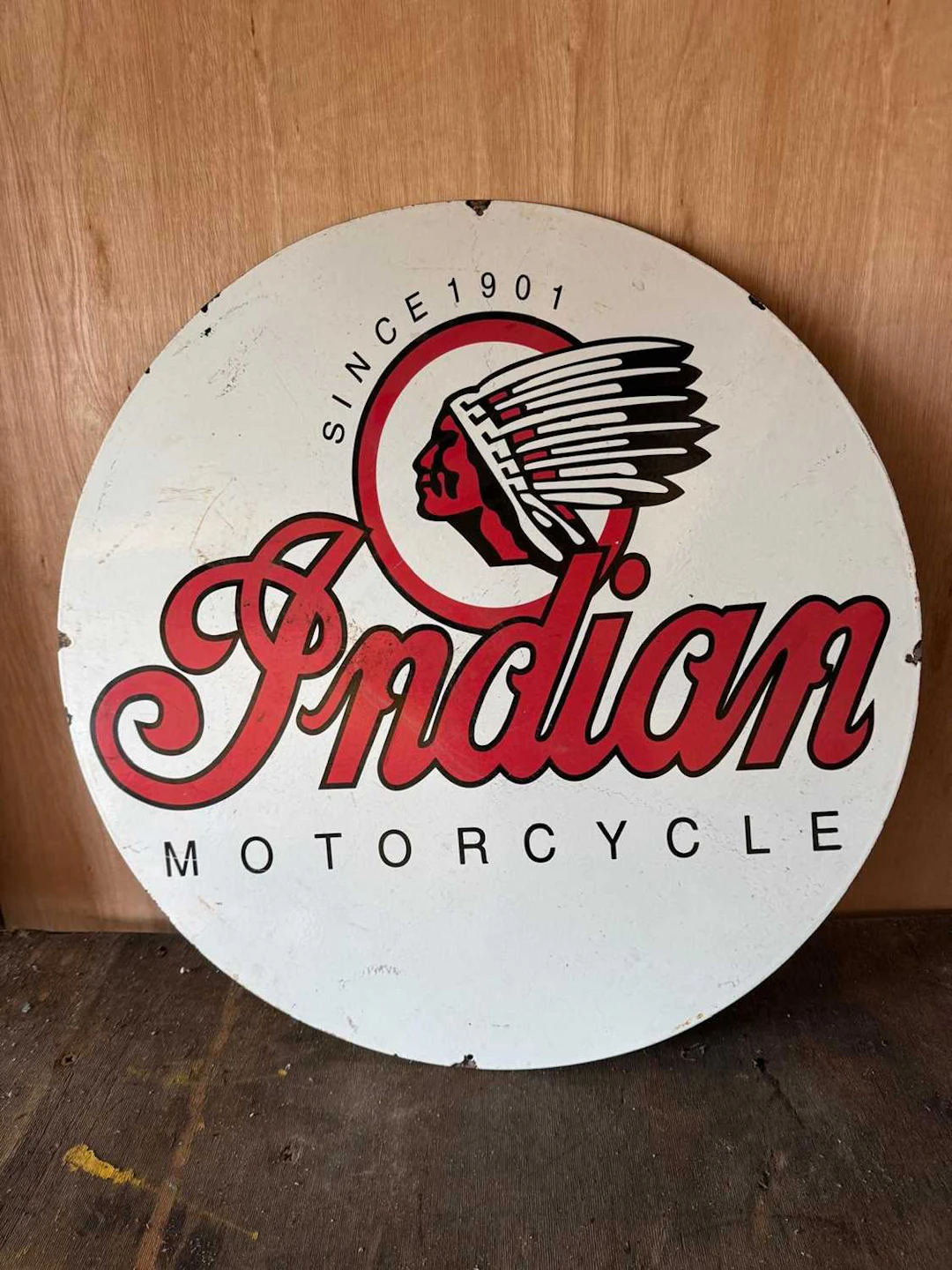 INDIAN MOTOR CYCLES ENAMEL REPRO SIGN 30" DIA