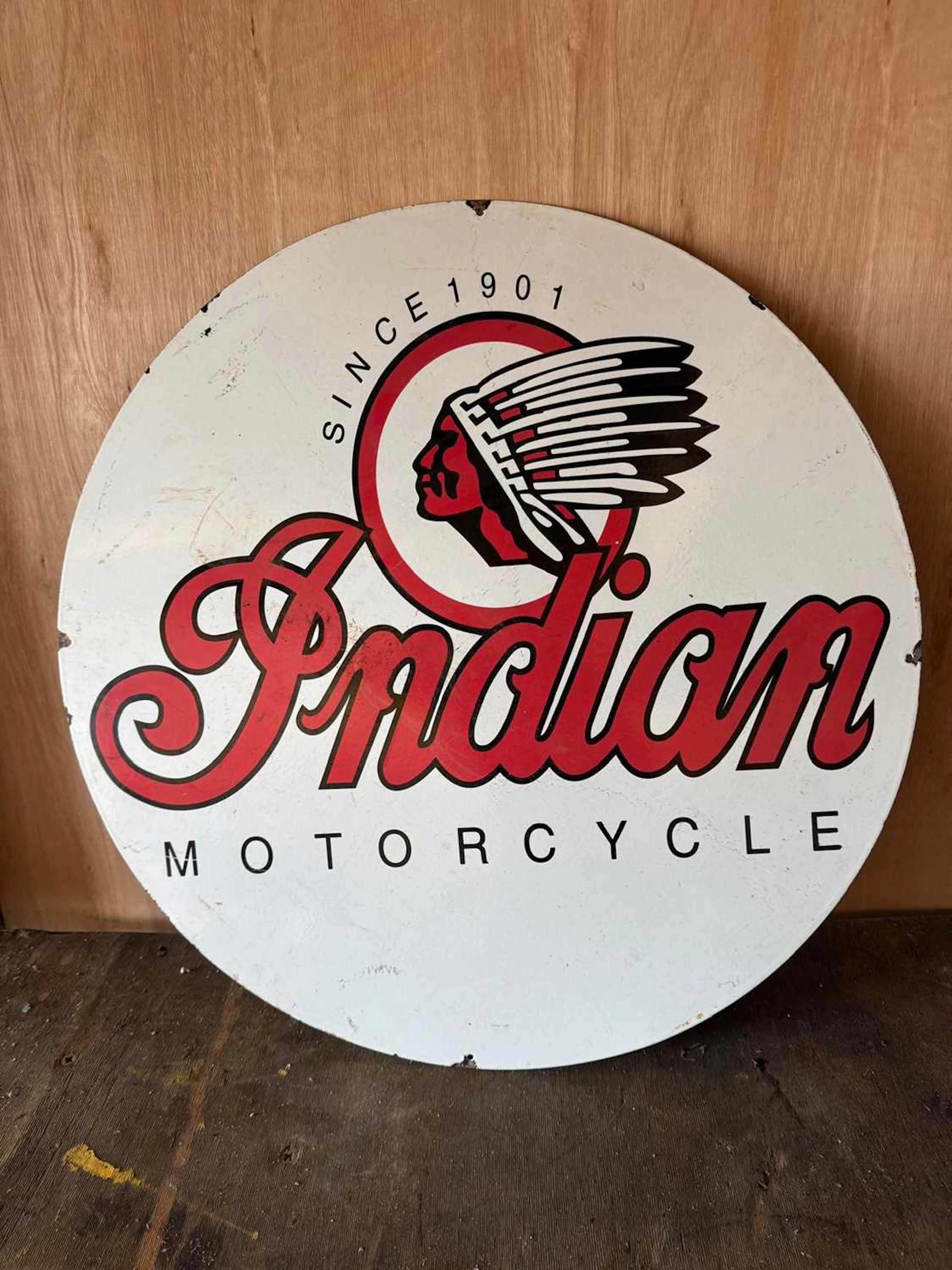 INDIAN MOTOR CYCLES ENAMEL REPRO SIGN 30" DIA