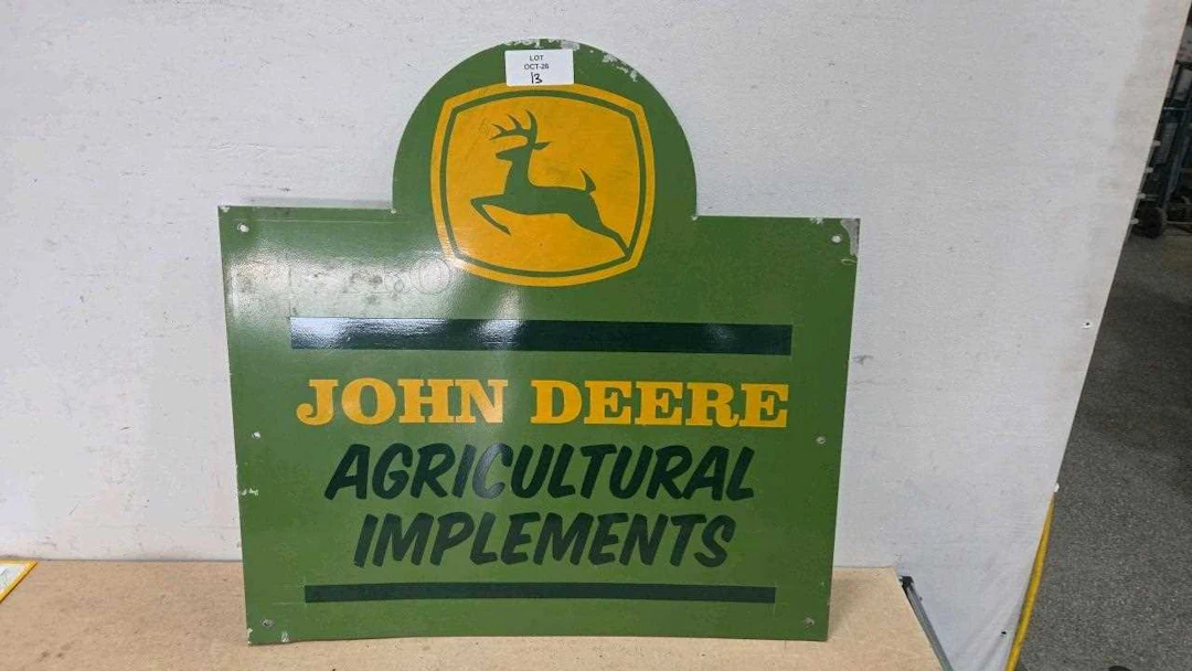 JOHN DEERE IMPLEMENTS , PAINTED REPRO SIGN 23" X 23"