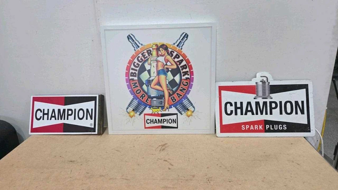 2X CHAMPION SIGNS + CHAMPION SPARK PLUGS LIGHT UP SIGN
