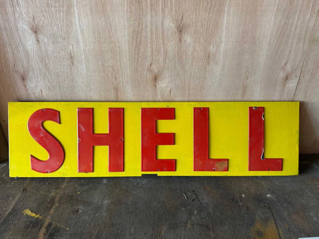 SHELL ENAMEL LETTERS SIGN , MOUNTED ON WOOD 45" X 12"