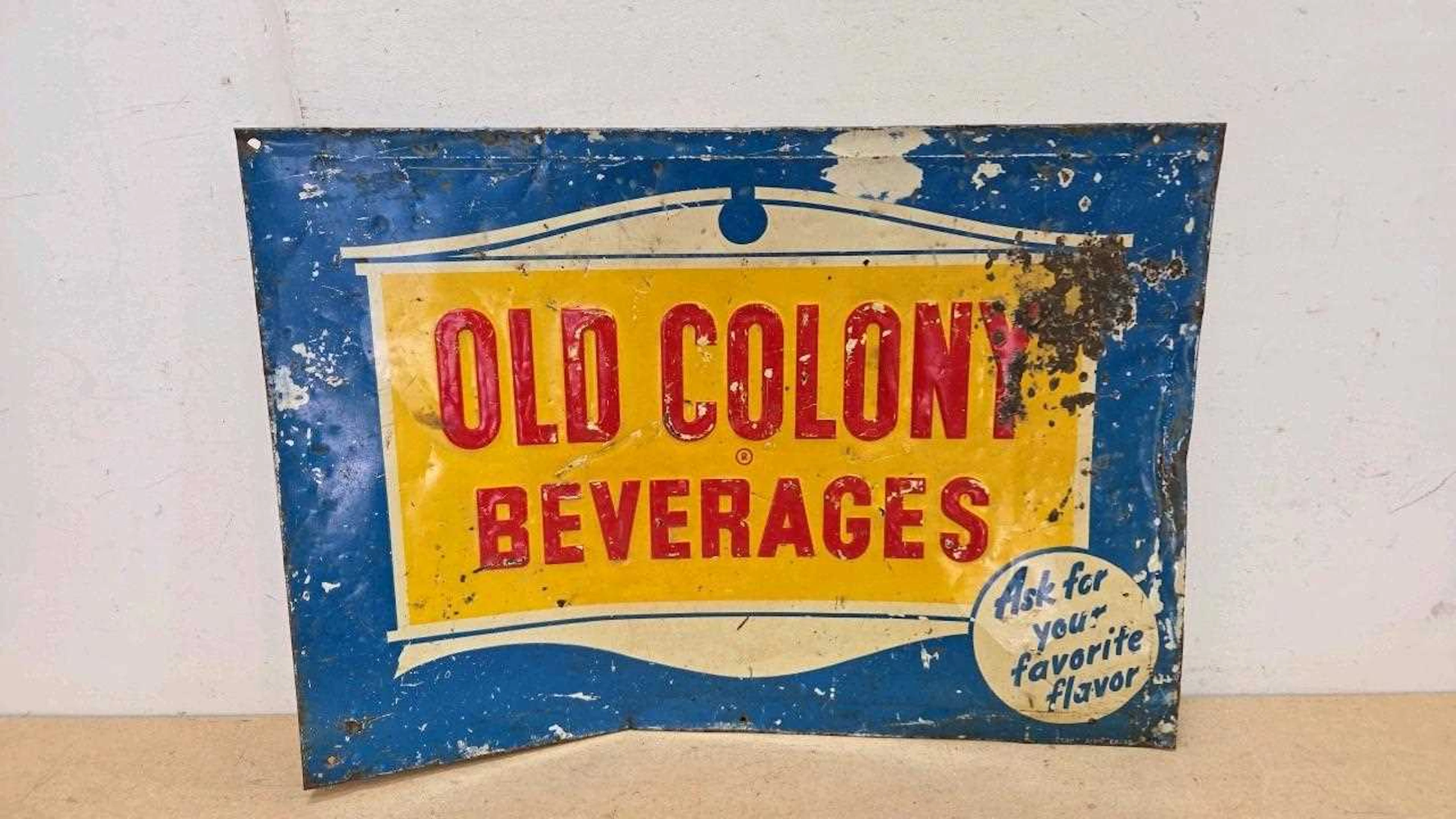 US IMPORTED OLD COLONY BEVERAGES , PRESSED TIN SIGN 27" X 19"