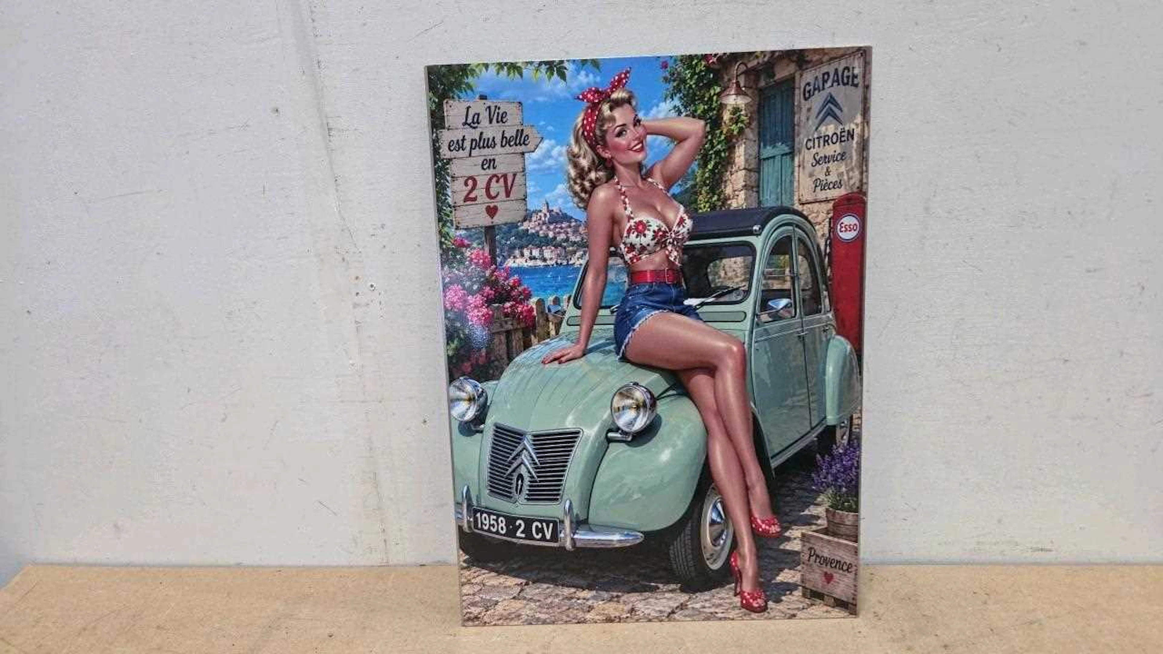 STEEL CITREON 2CV PIN UP GIRL REPRO SIGN 22" X 16"