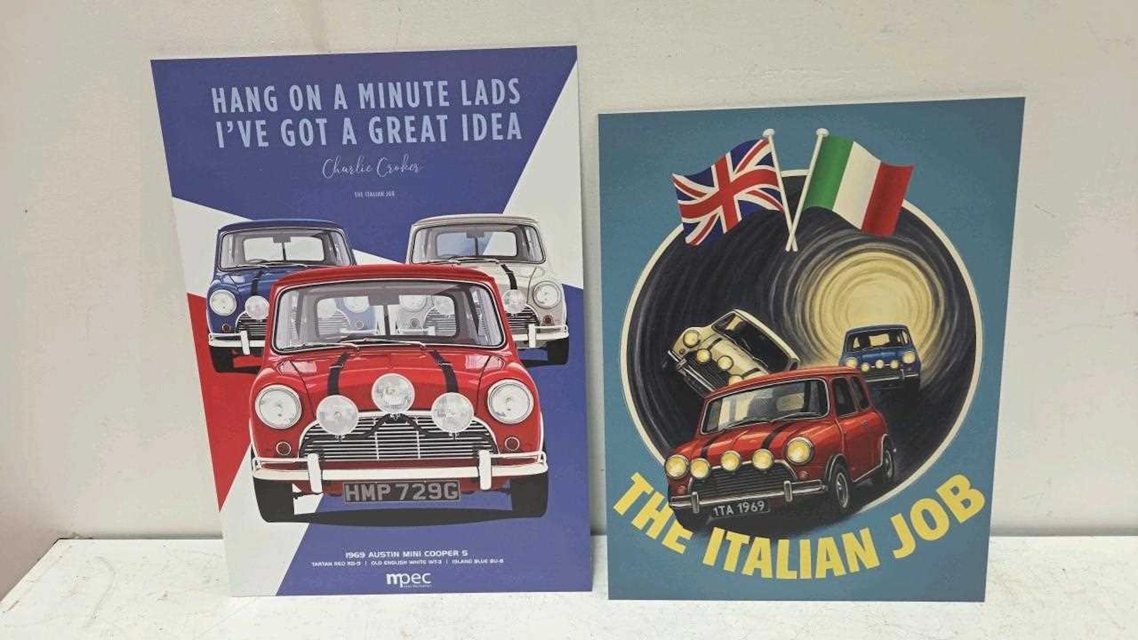 PAIR OF ALUMINIUM PRINTED ,THE ITALIAN JOB SIGNS APPROX 19" X 14"