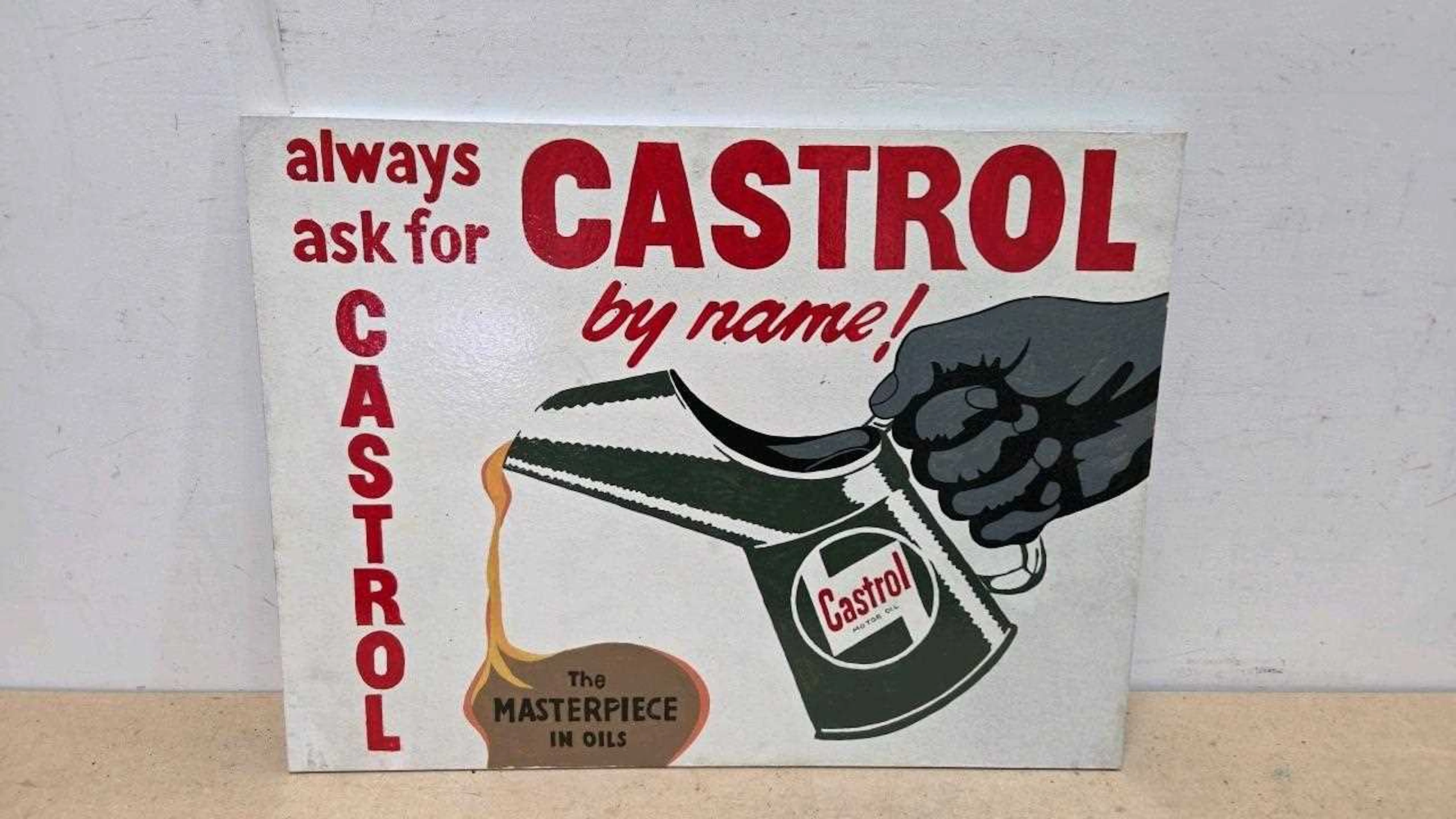 CASTROL MOTOR OIL, WOODEN HAND PAINTED SIGN 24" X 18"