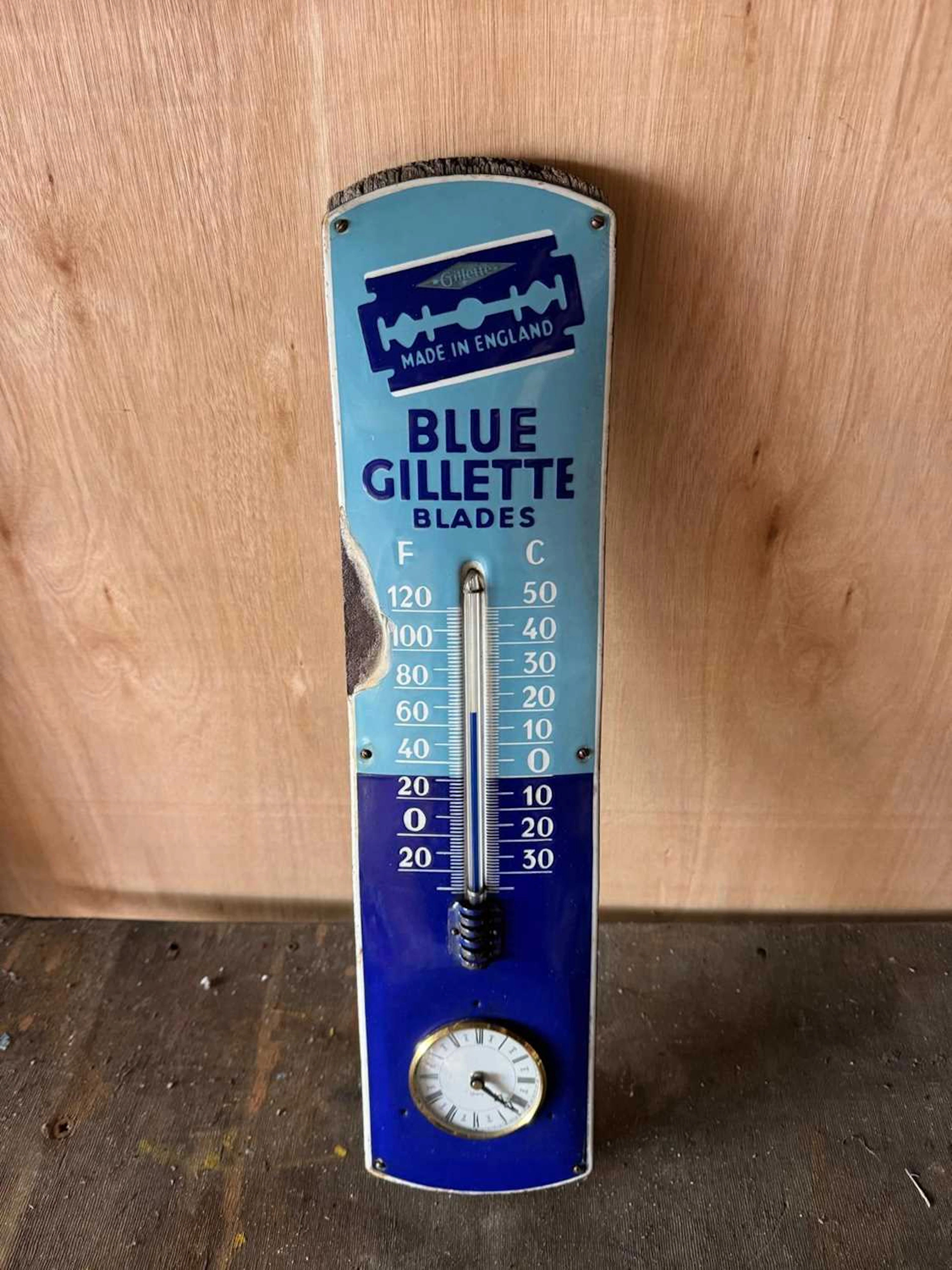BLUE GILLETTE BLADES ENAMEL THERMOMETER 23" X 6"