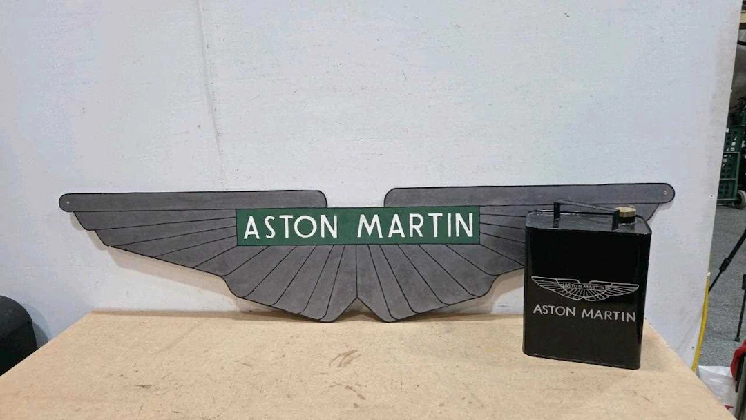 WOODEN ASTON MARTIN SIGN AND REPRO PETROL CAN