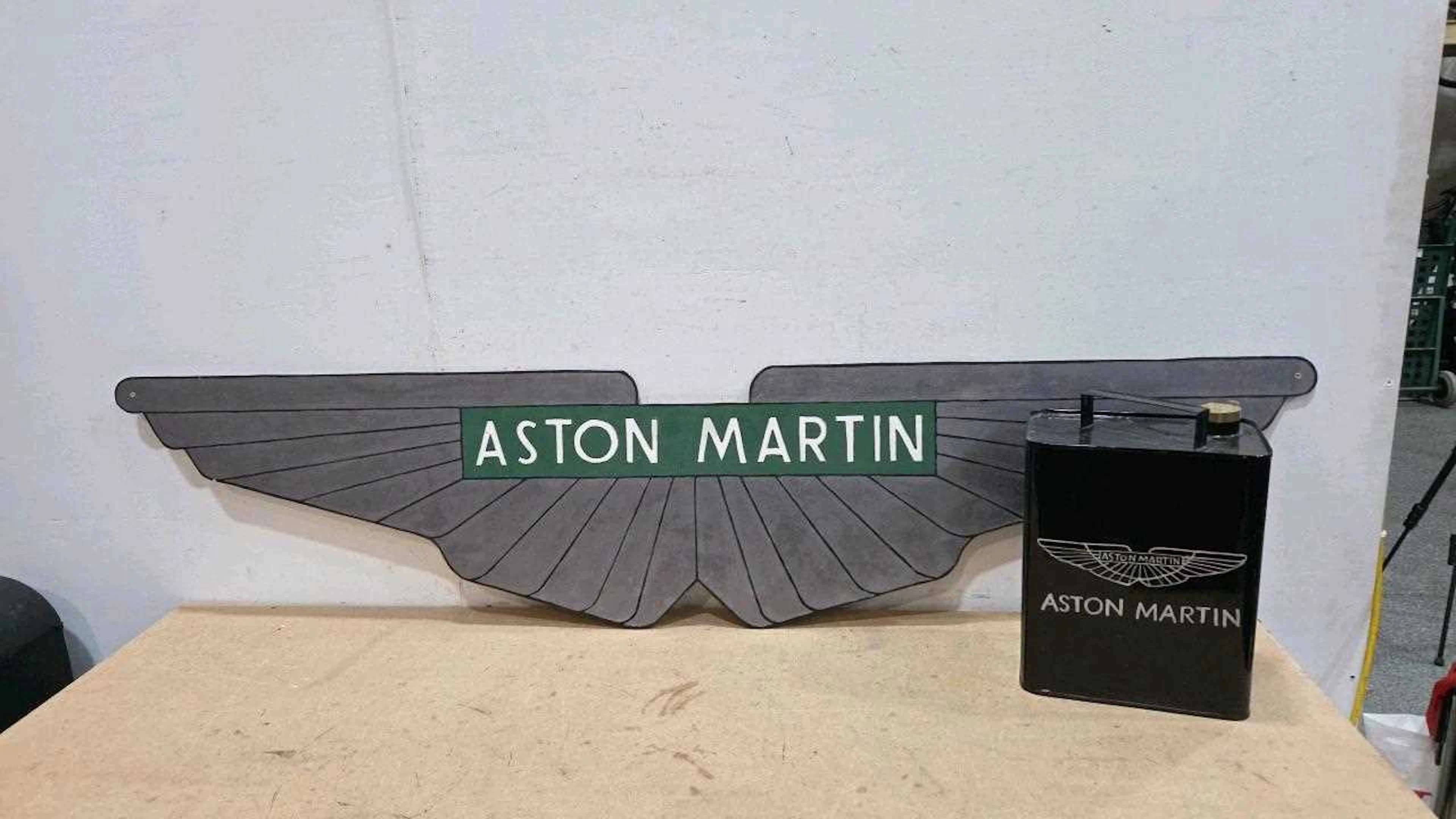 WOODEN ASTON MARTIN SIGN AND REPRO PETROL CAN