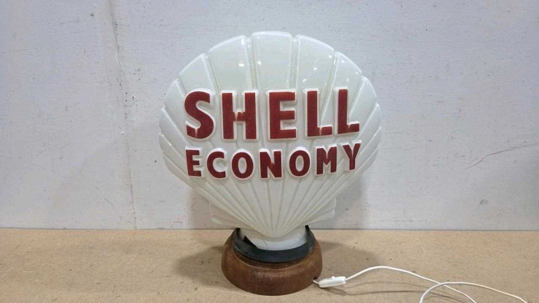SHELL ECONOMY GLASS PETROL PUMP GLOBE WITH WOODEN LIGHT BASE