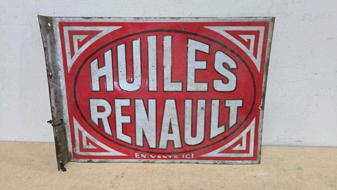 HUILES RENAULT , DOUBLE SIDED ENAMEL SIGN 22" X 16"