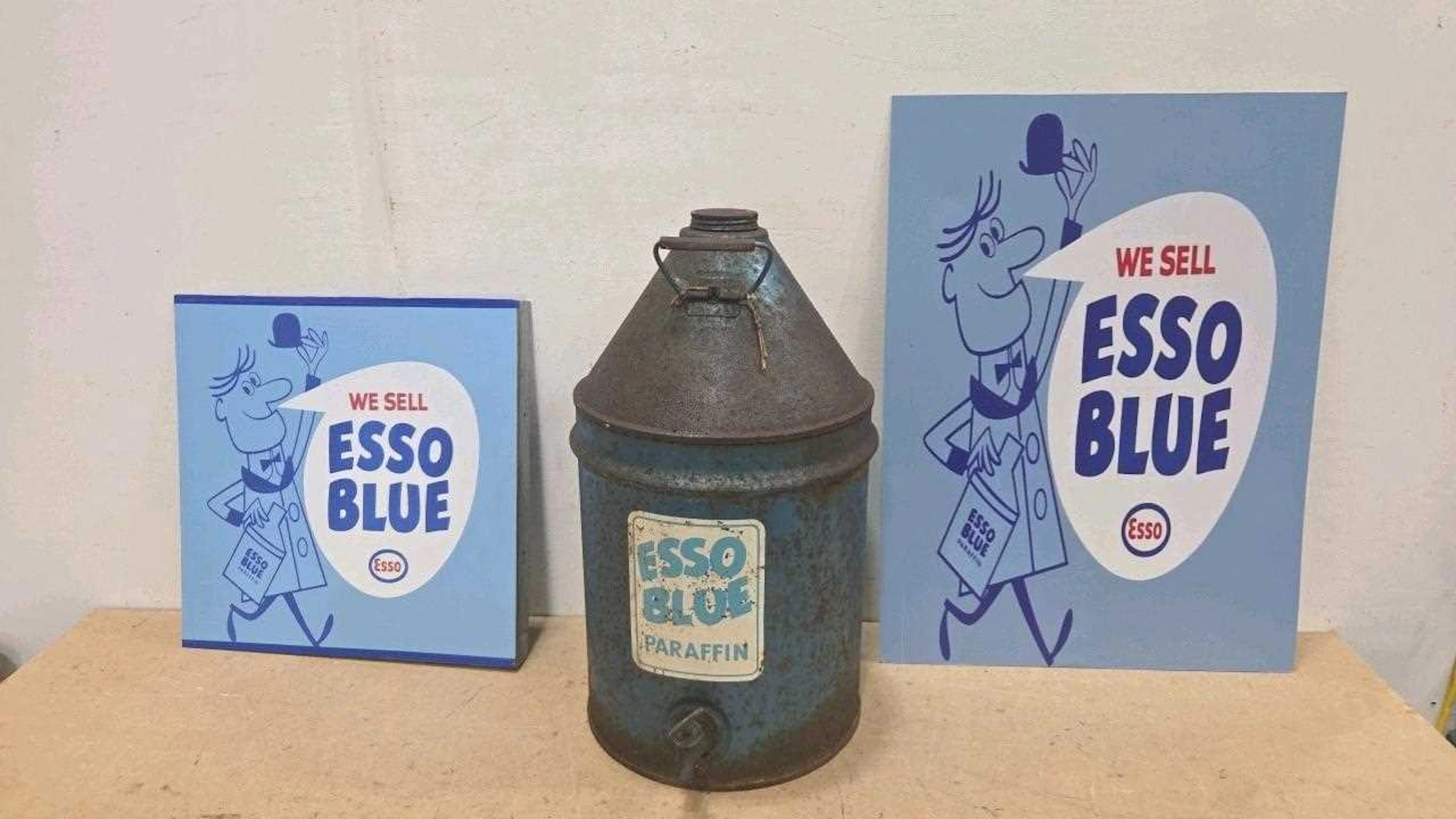 ESSO BLUE DRUM & 2 REPRODUCTION SIGNS
