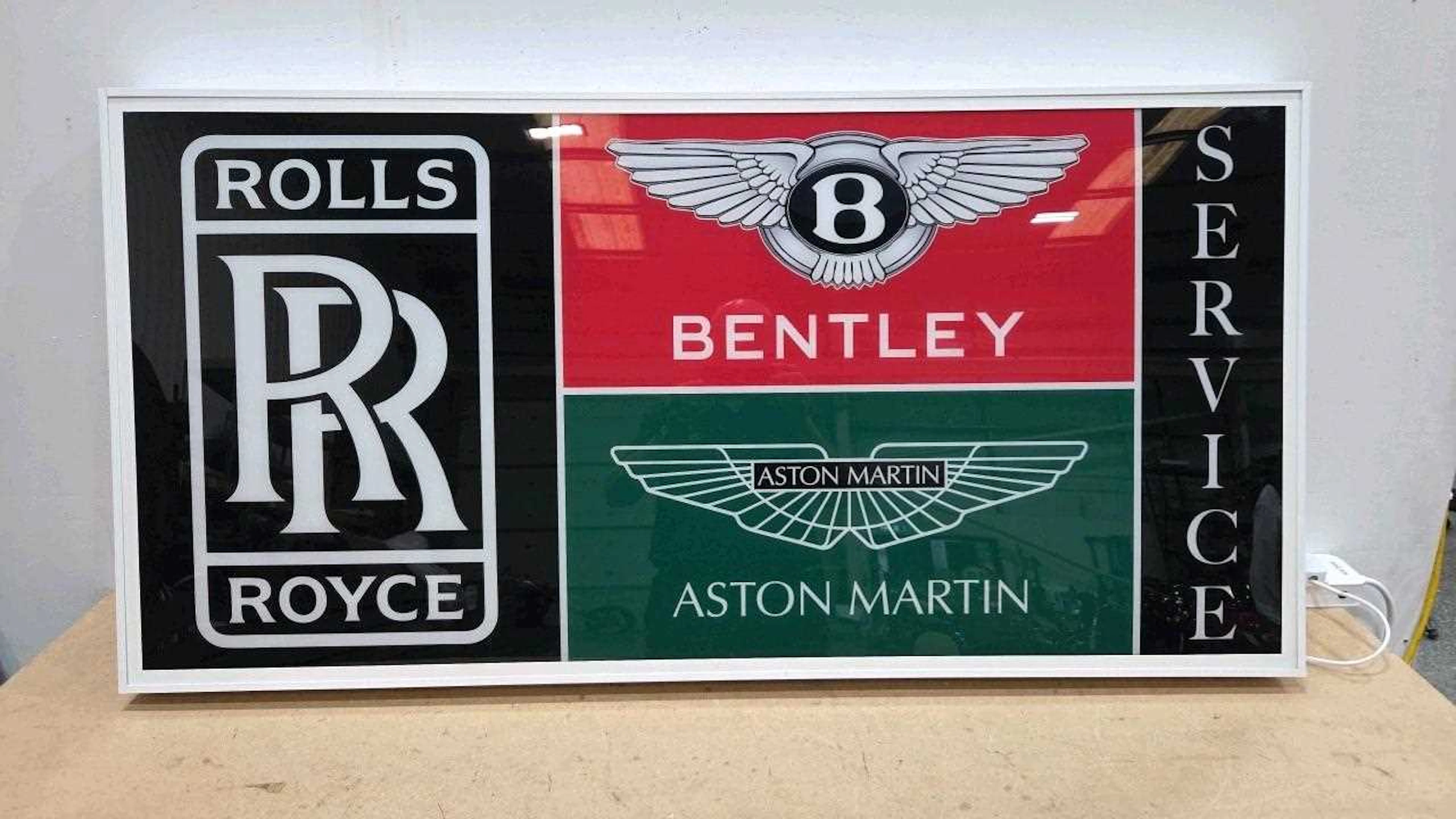 ROLLS ROYCE , BENTLEY & ASTON MARTIN, REPRO GARAGE ILLUMINATED SIGN 47" X 24"