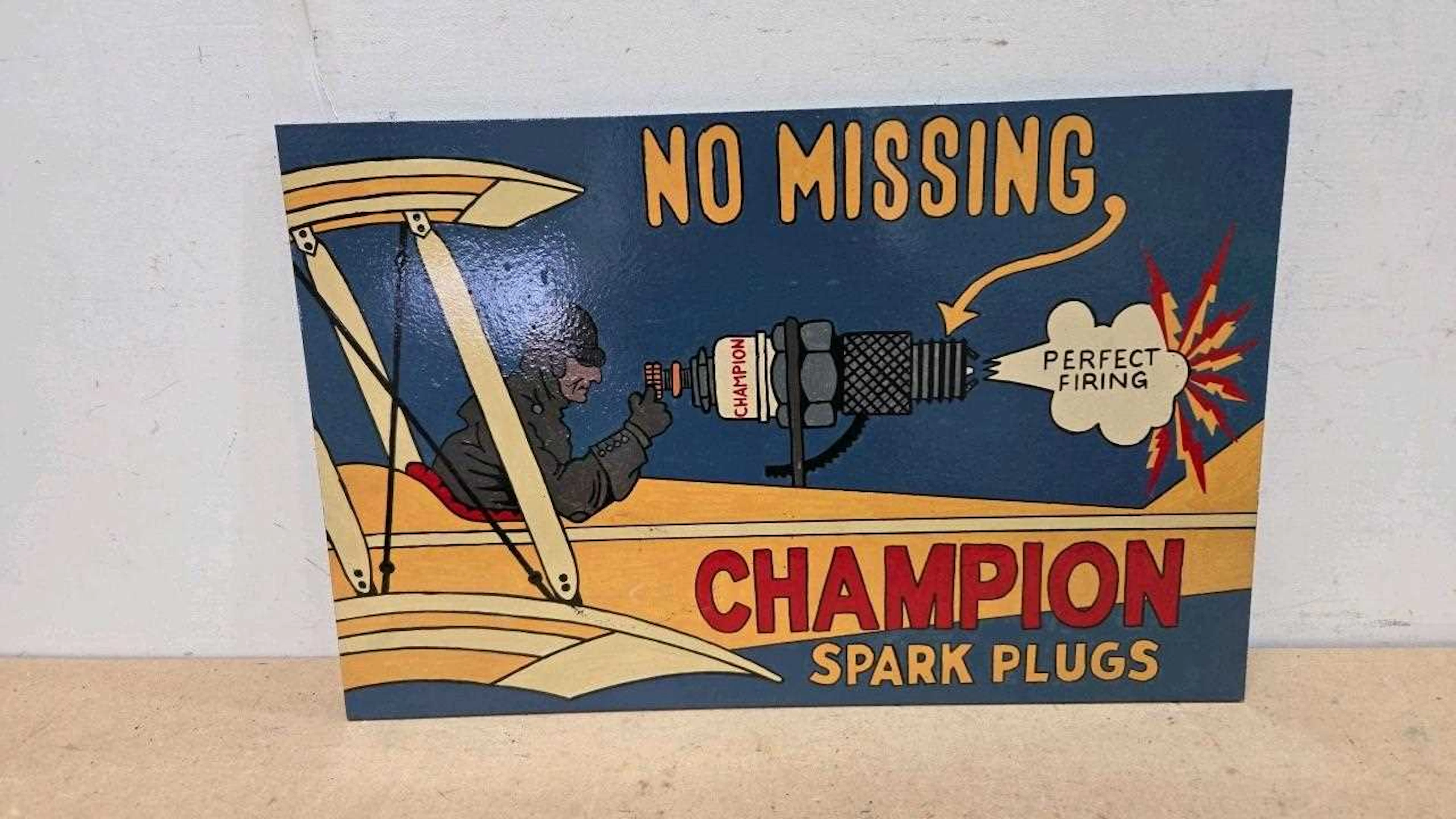 CHAMPION SPARK PLUGS , WOODEN HAND PAINTED SIGN 24" X 16"