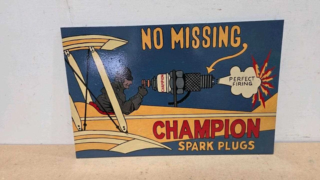 CHAMPION SPARK PLUGS , WOODEN HAND PAINTED SIGN 24" X 16"