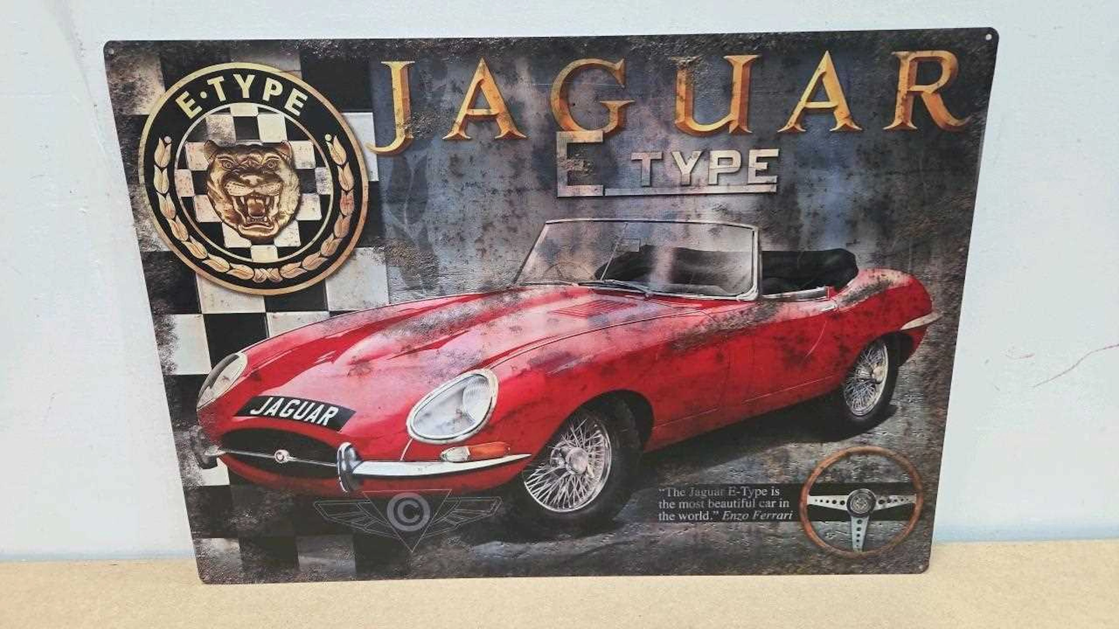 JAGUAR E TYPE VINTAGE METAL TIN REPRO SIGN 28" x 20"