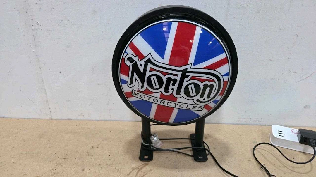 NORTON MOTORCYCLE , DOUBLE SIDED ROTATING LIGHT UP SIGN 10" DIA