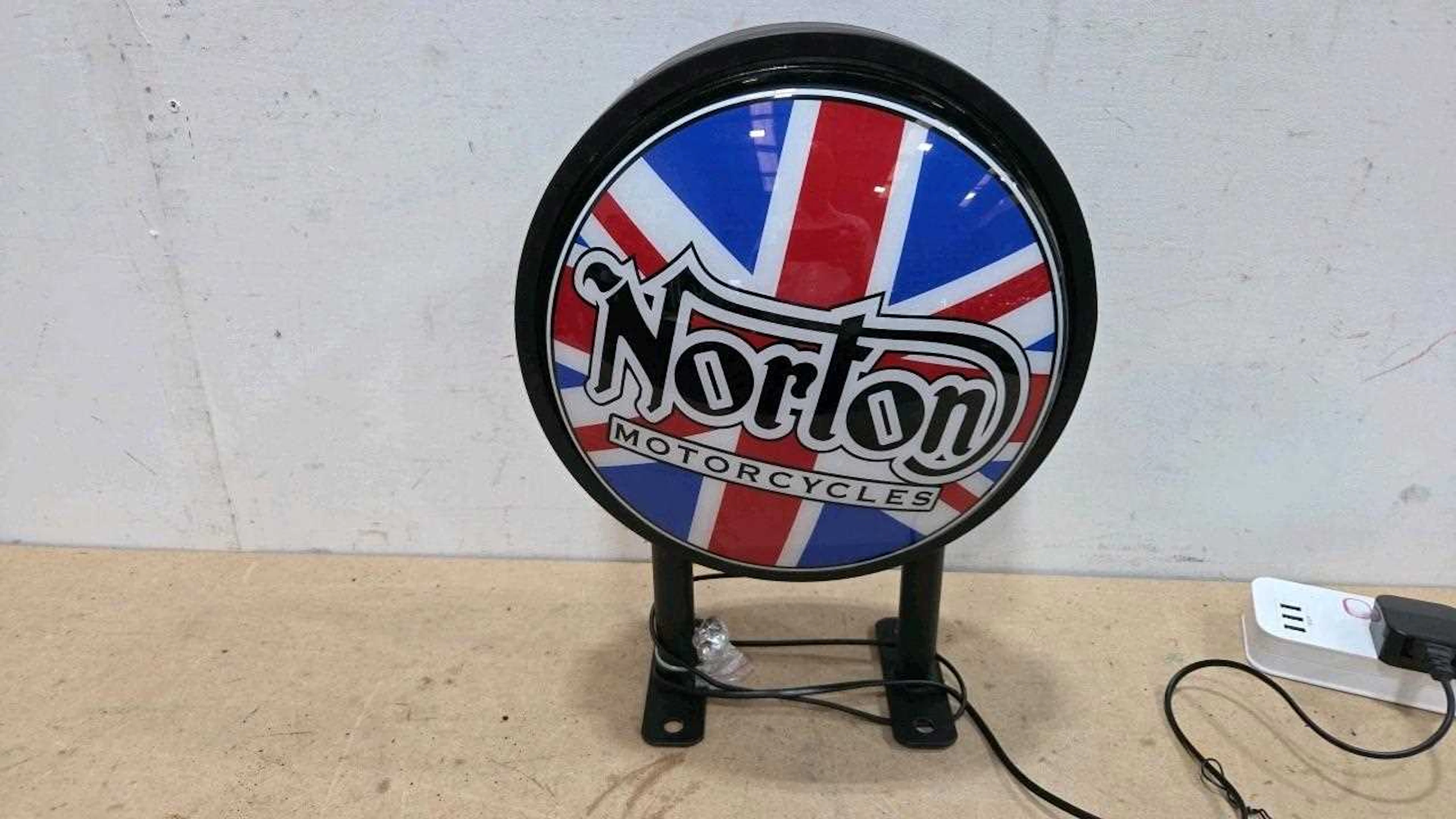 NORTON MOTORCYCLE , DOUBLE SIDED ROTATING LIGHT UP SIGN 10" DIA