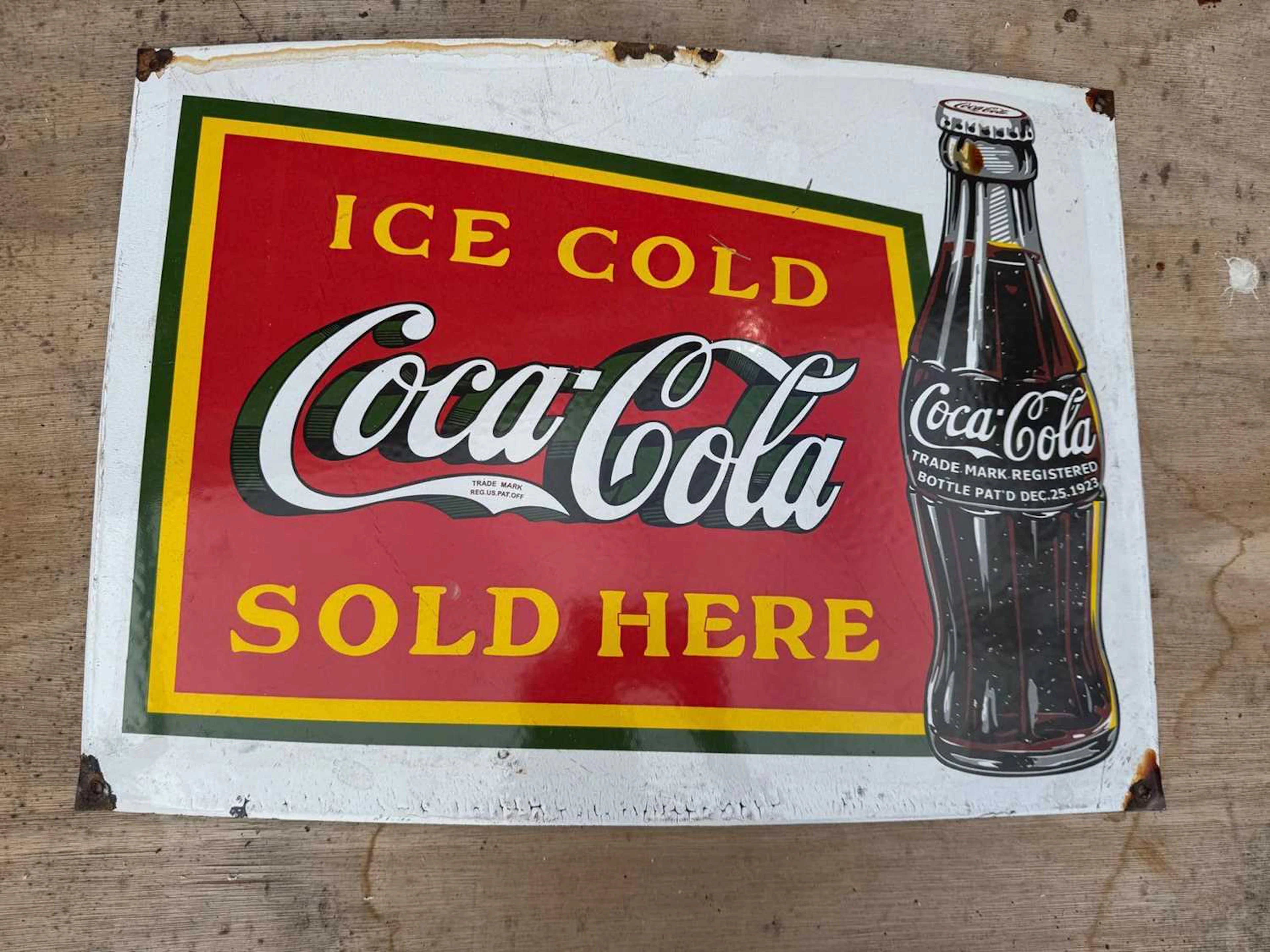COCA COLA SOLD HERE ENAMEL REPRO SIGN 16" X 22"