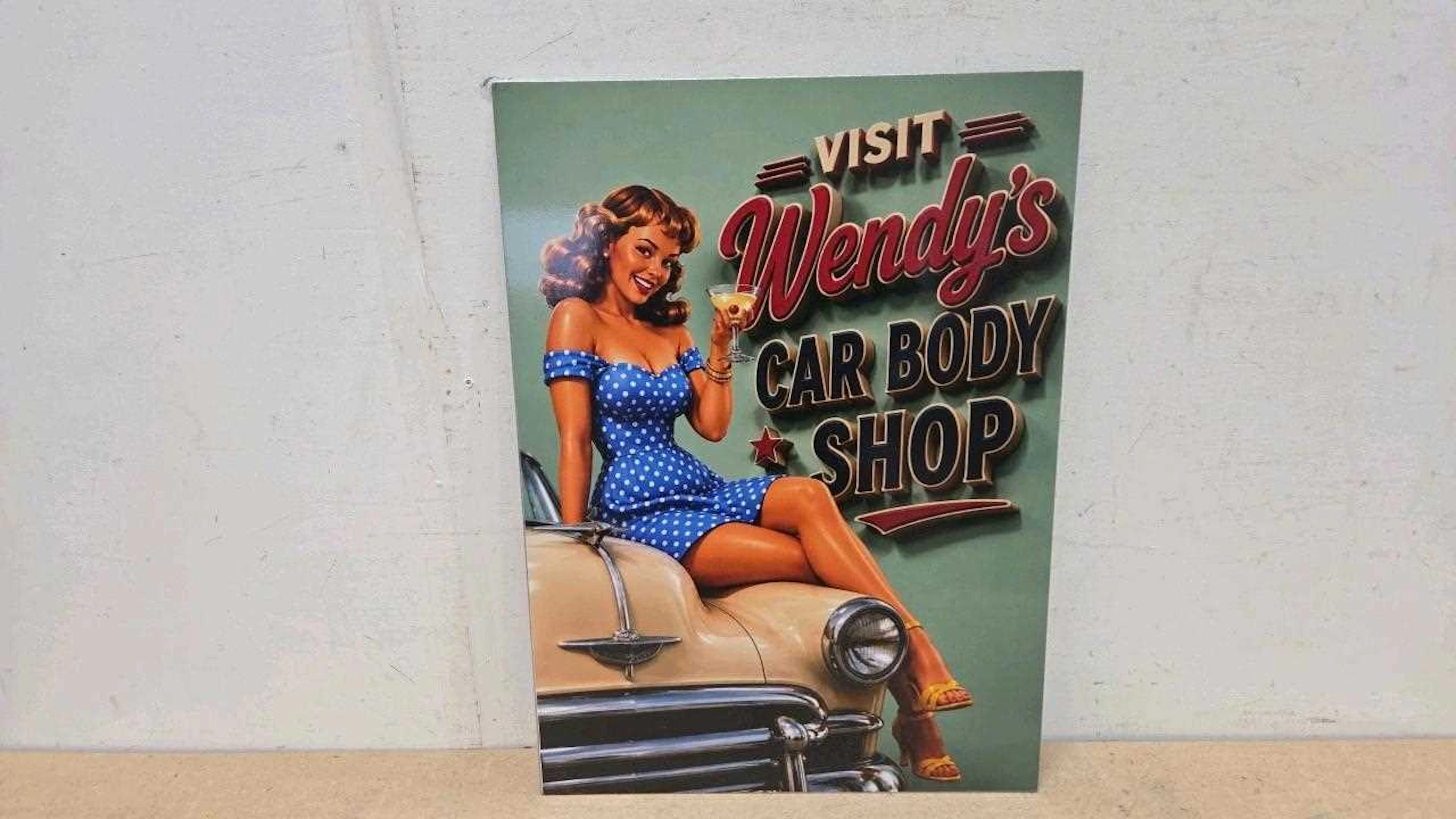 WENDY'S CAR BODY SHOP , REPRO STEEL SIGN 22" X 16"