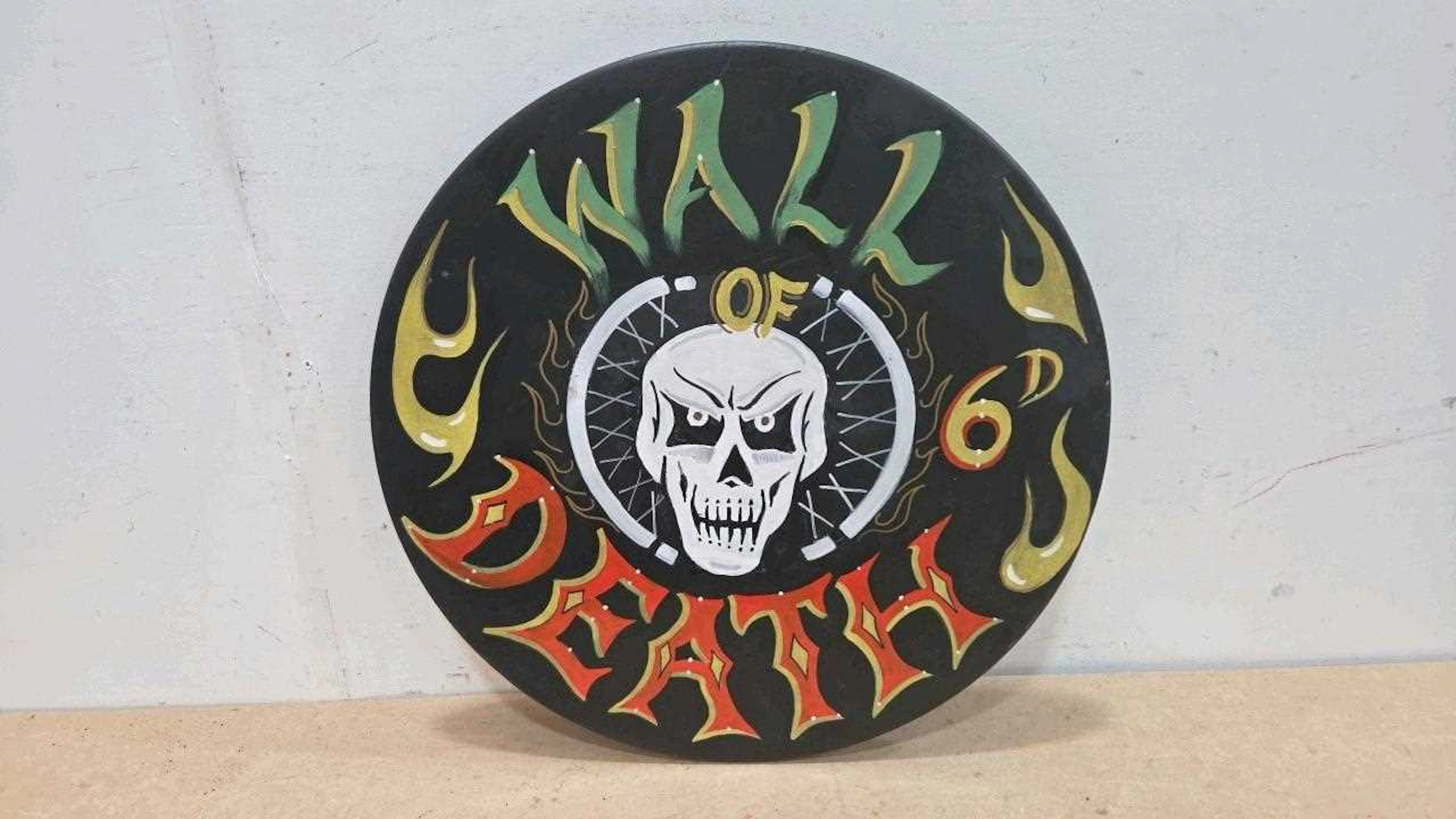WALL OF DEATH PAINTED TIN SIGN 23" DIA