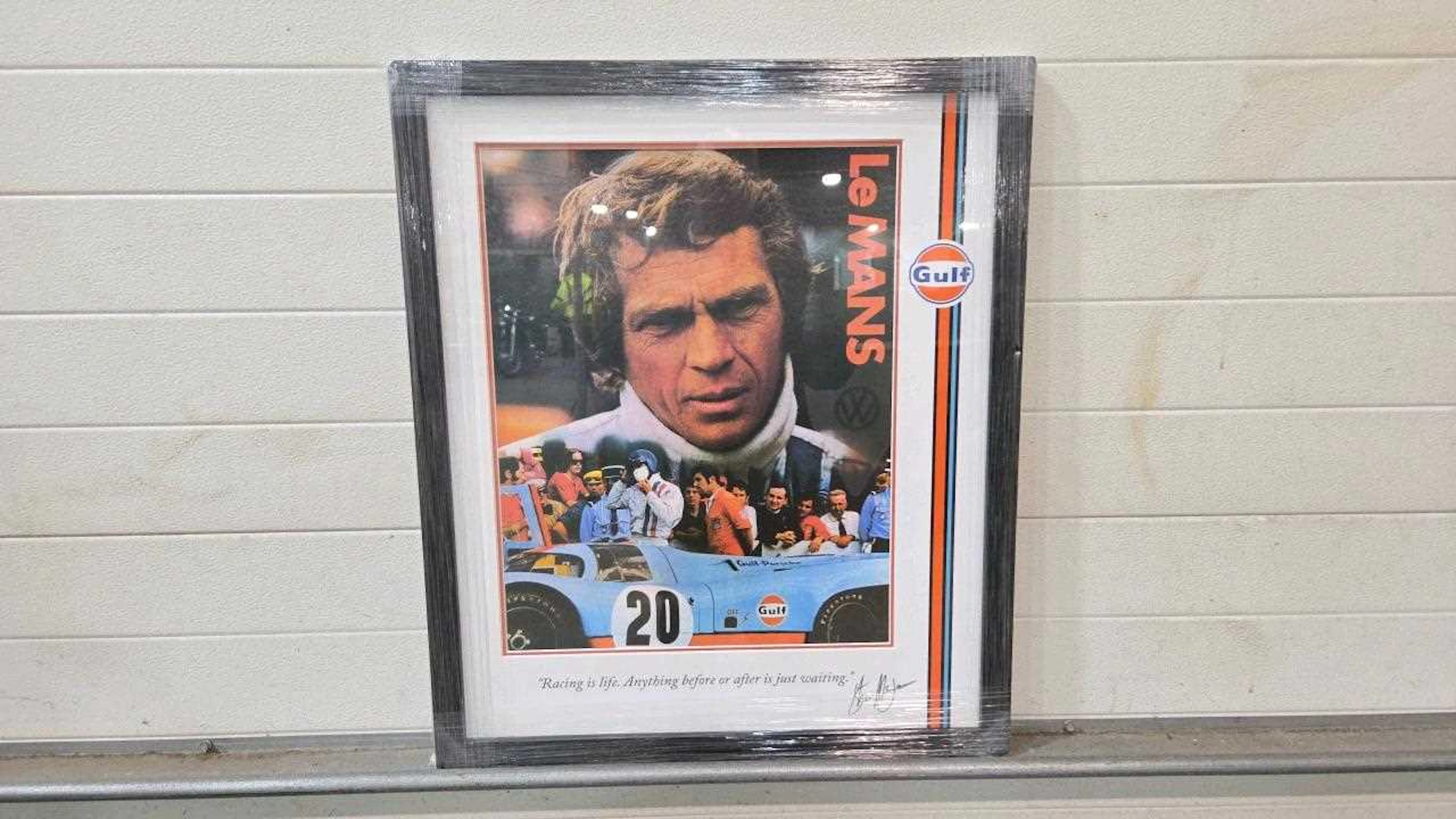 STEVE Mc QUEEN " LE MANS GULF " FRAMED PICTURE 30" X 25"