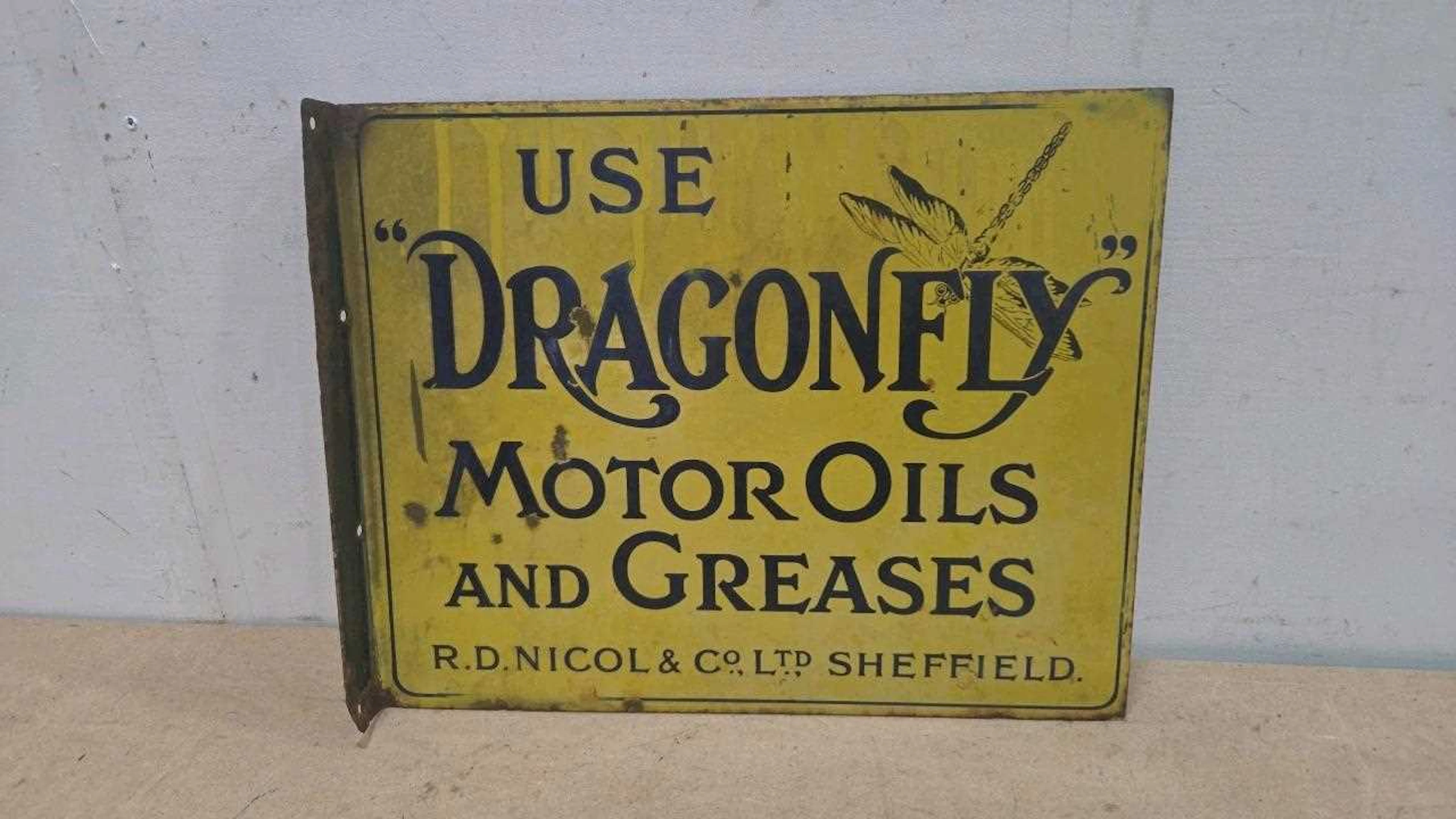 USE DRAGONFLY MOTOR OILS AND GREASES , DOUBLE SIDED ENAMEL SIGN 18" X 14"