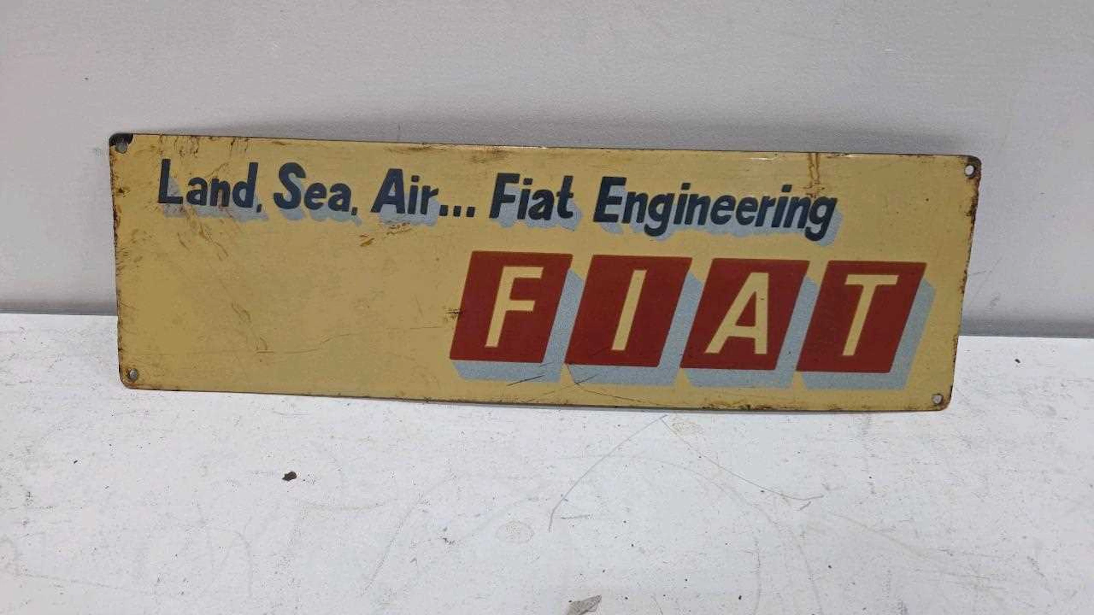 LAND,SEA,AIR FIAT ENGINEERING ENAMEL SIGN 20" X 6"