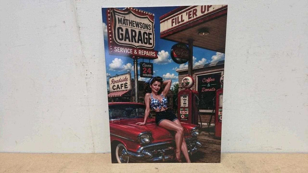 MATHEWSONS AMERICAN GARAGE , STEEL REPRO SIGN 22" X 16"