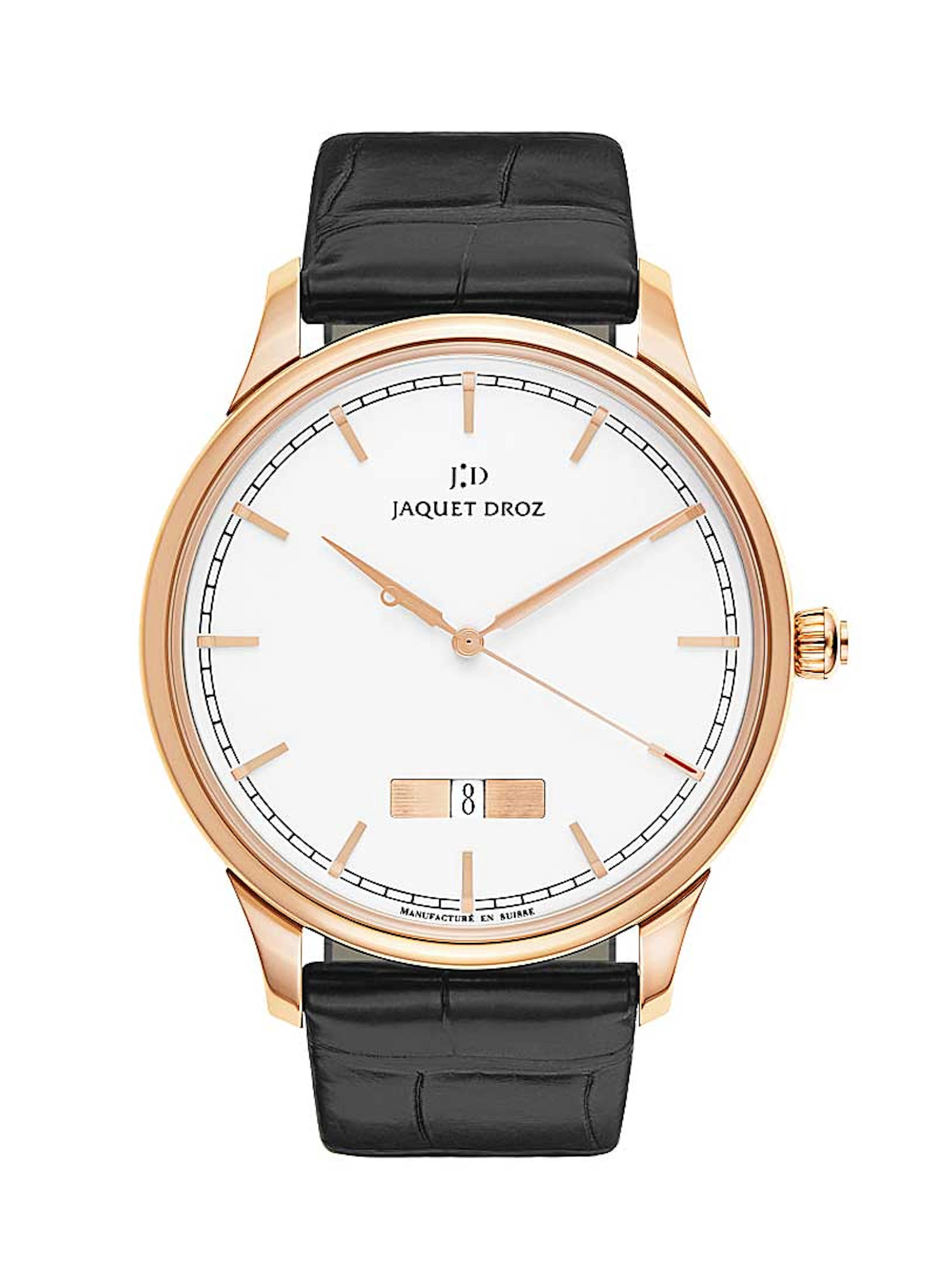 Jaquet Droz Grande Heure Minute Quantieme Ivory Enamel 18K Rose Gold