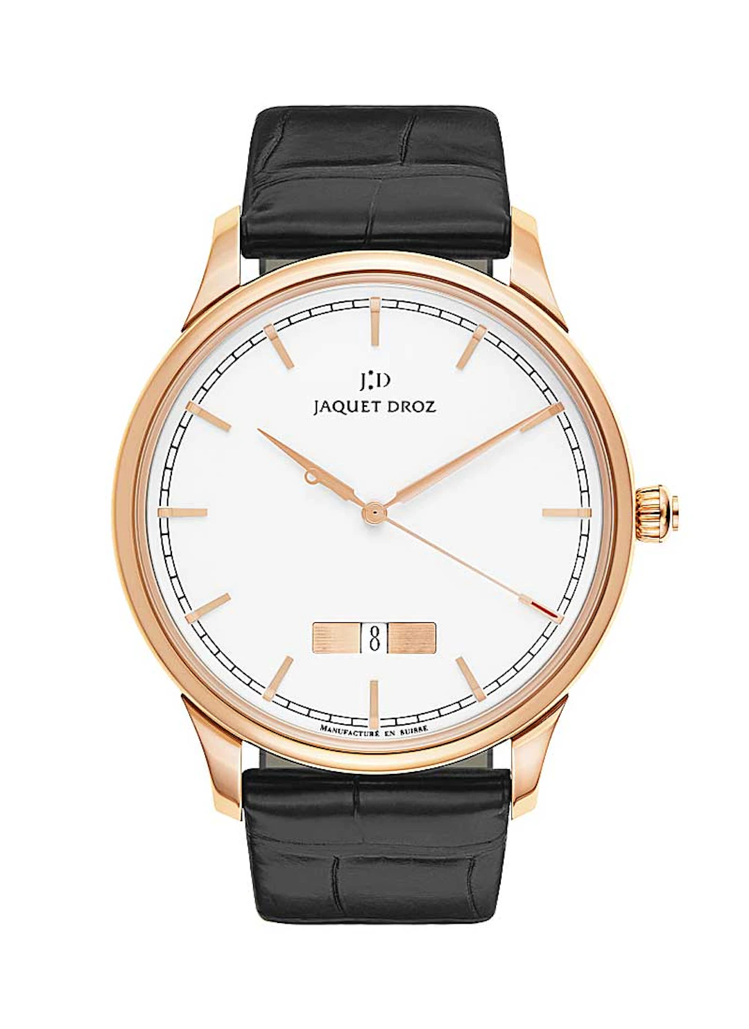 Jaquet Droz Grande Heure Minute Quantieme Ivory Enamel 18K Rose Gold