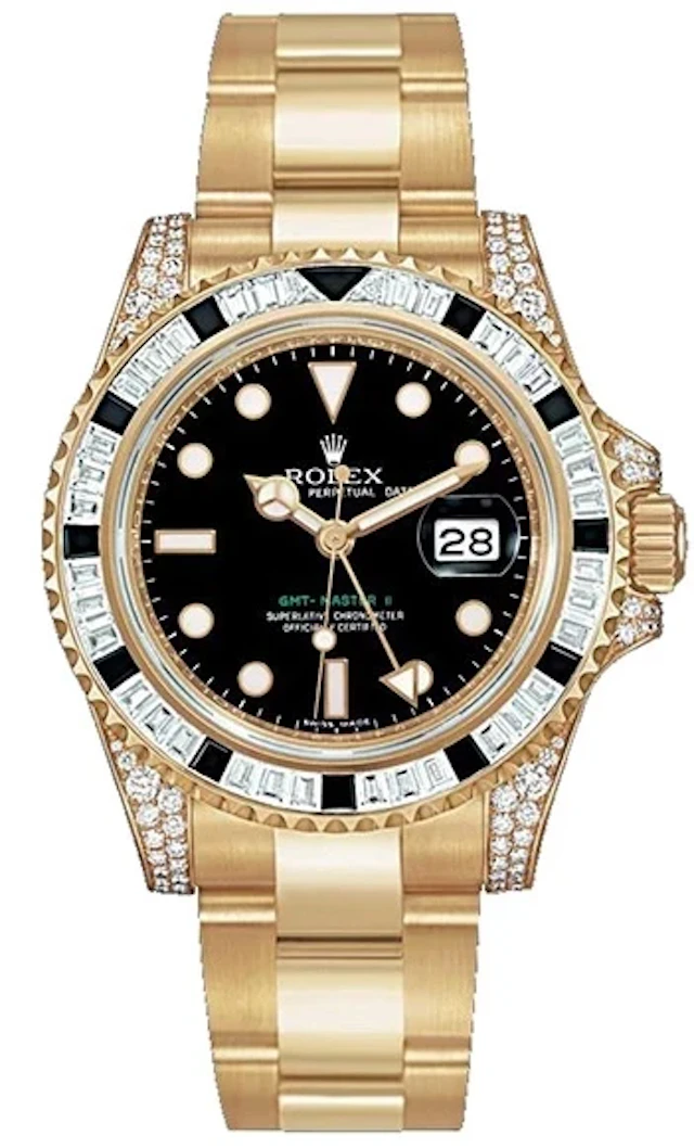 Rolex GMT Master II 18K Yellow Gold & Diamonds & Black Sapphires Men's Watch
