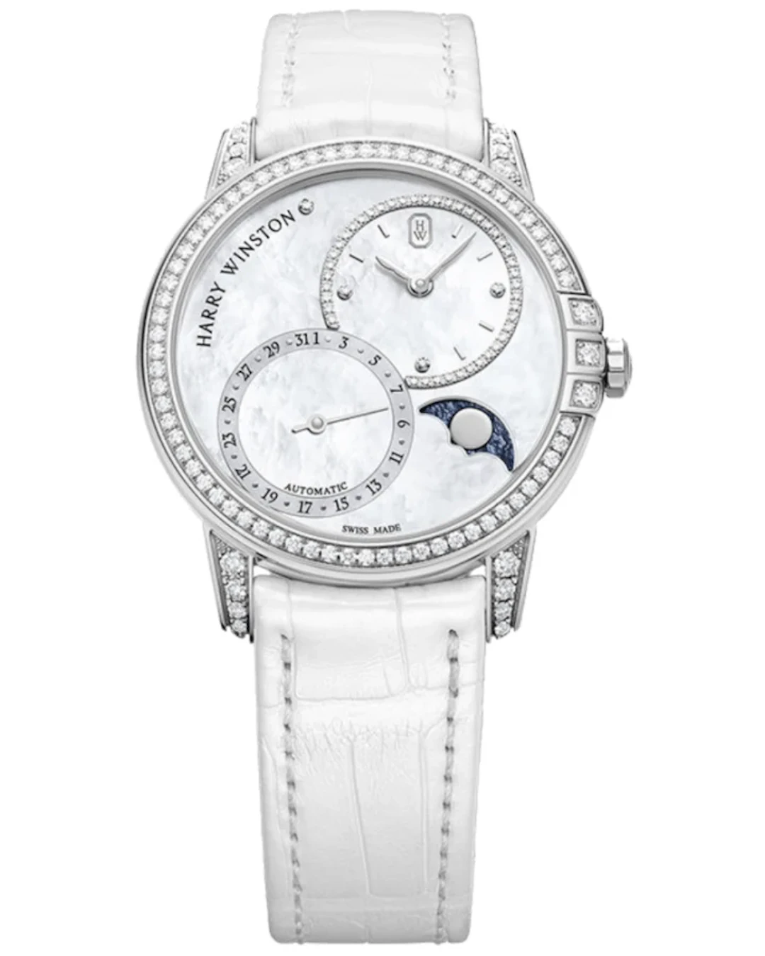 Harry Winston Midnight Date Moon Phase 18K White Gold & Diamonds Ladies Watch