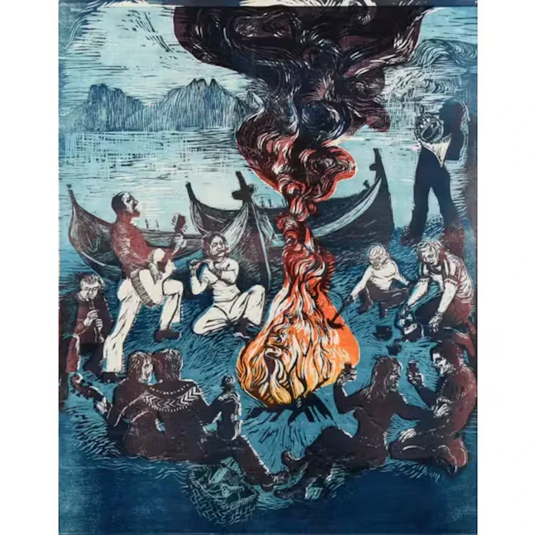 MARIT BOCKELIE (1933-) "Musikantene på utflukt" Tresnitt