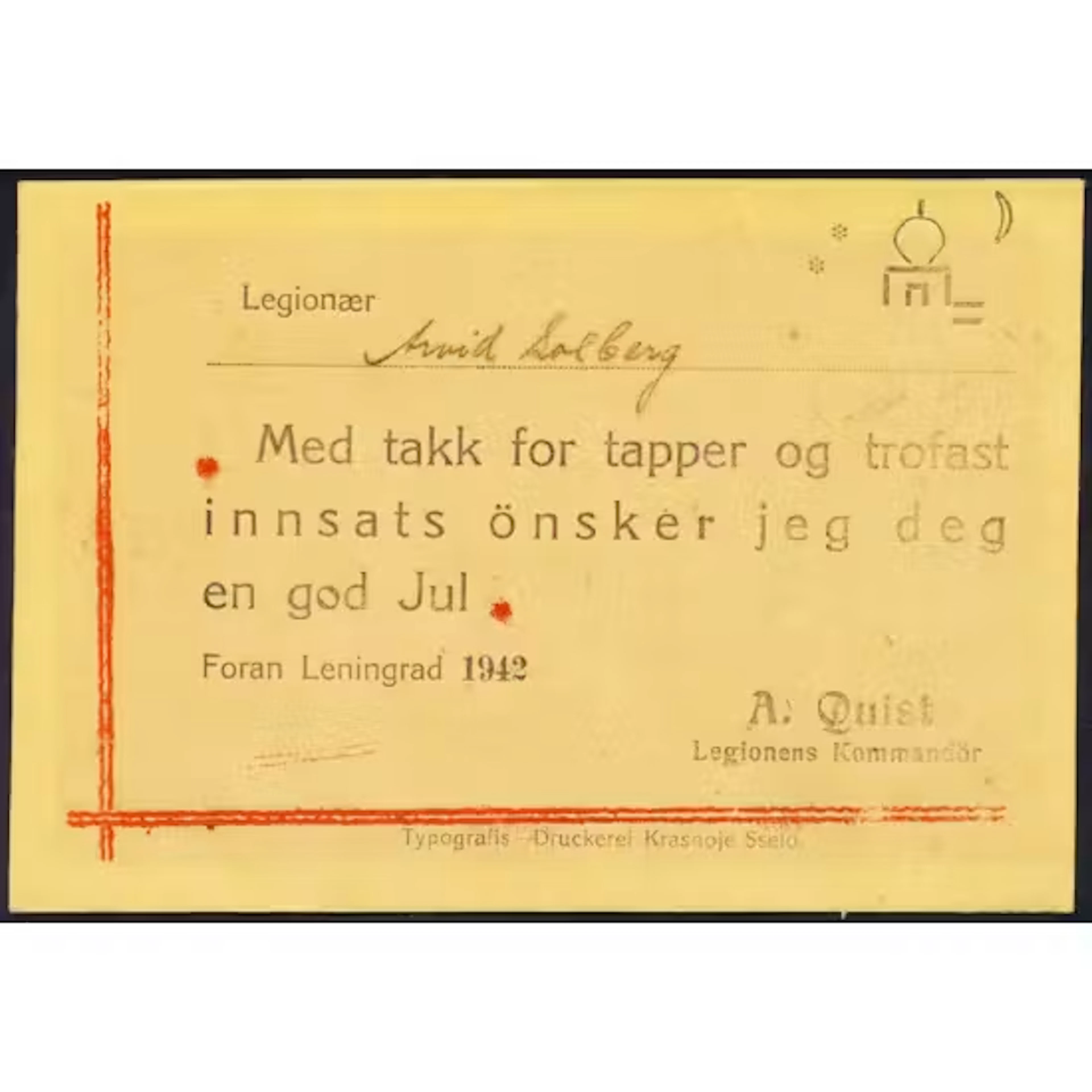 Julehilsen til Legionær stasjonert "Foran Leningrad 1942"...