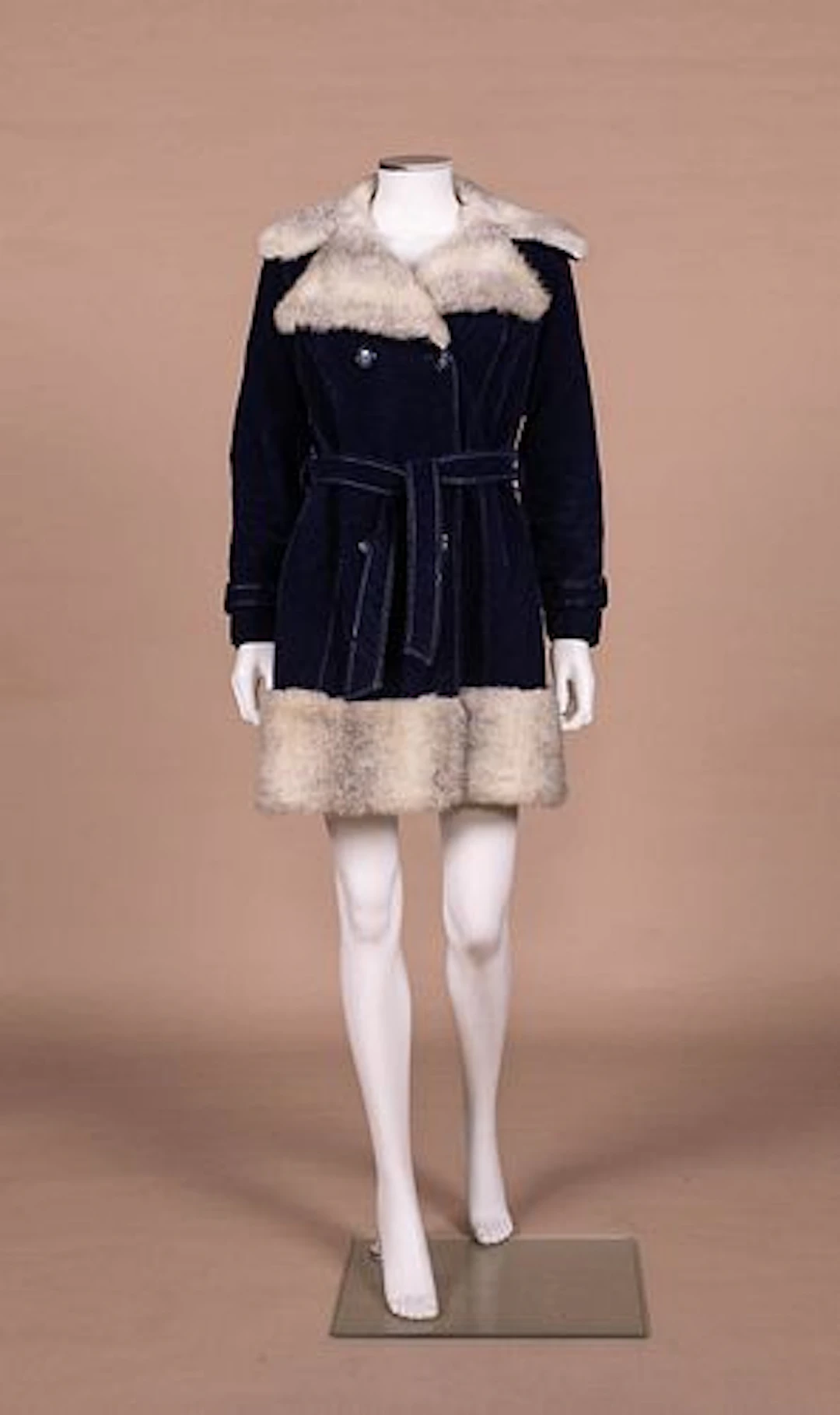 NAVY VELVET & FAUX FUR WINTER COAT, 1970S