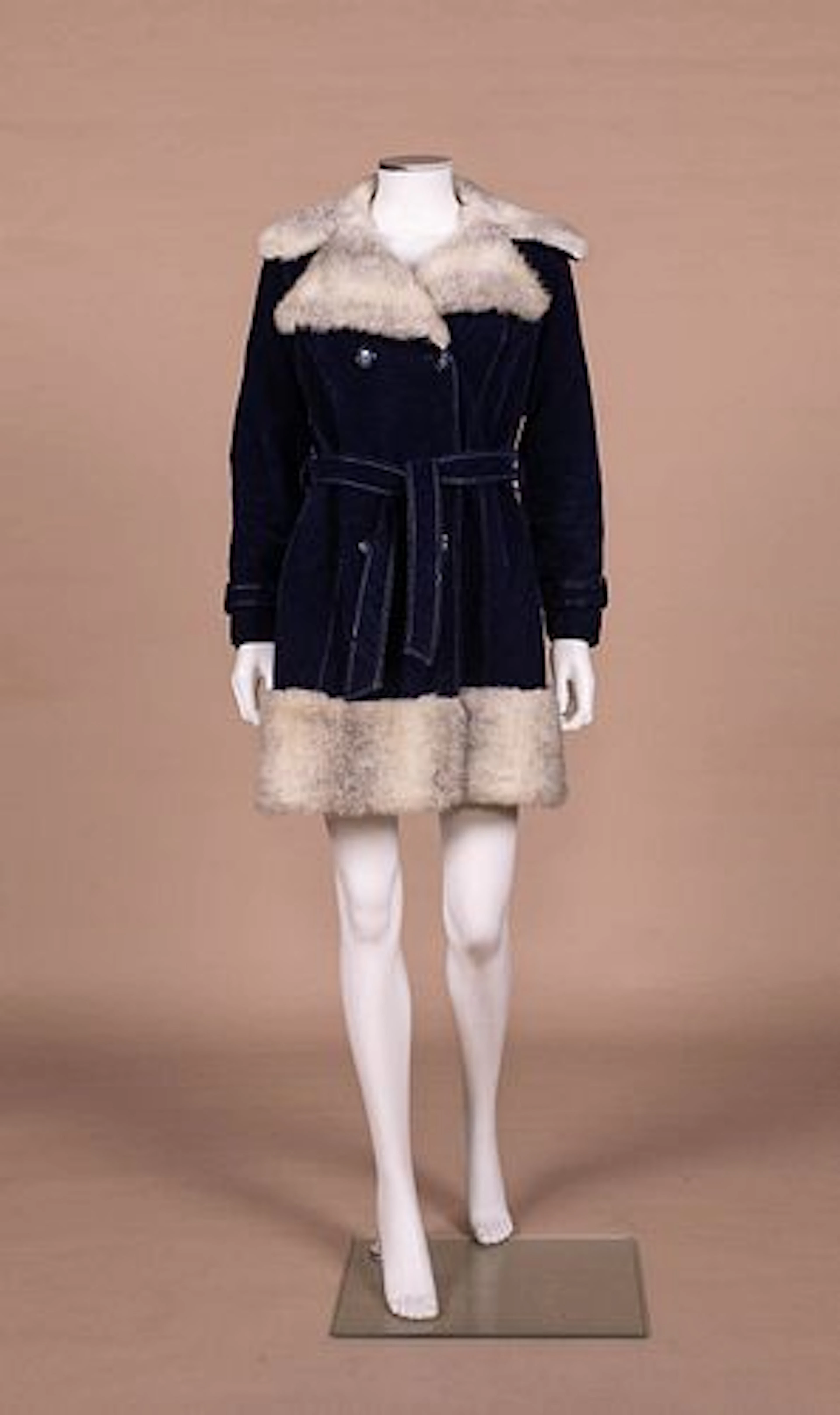 NAVY VELVET & FAUX FUR WINTER COAT, 1970S