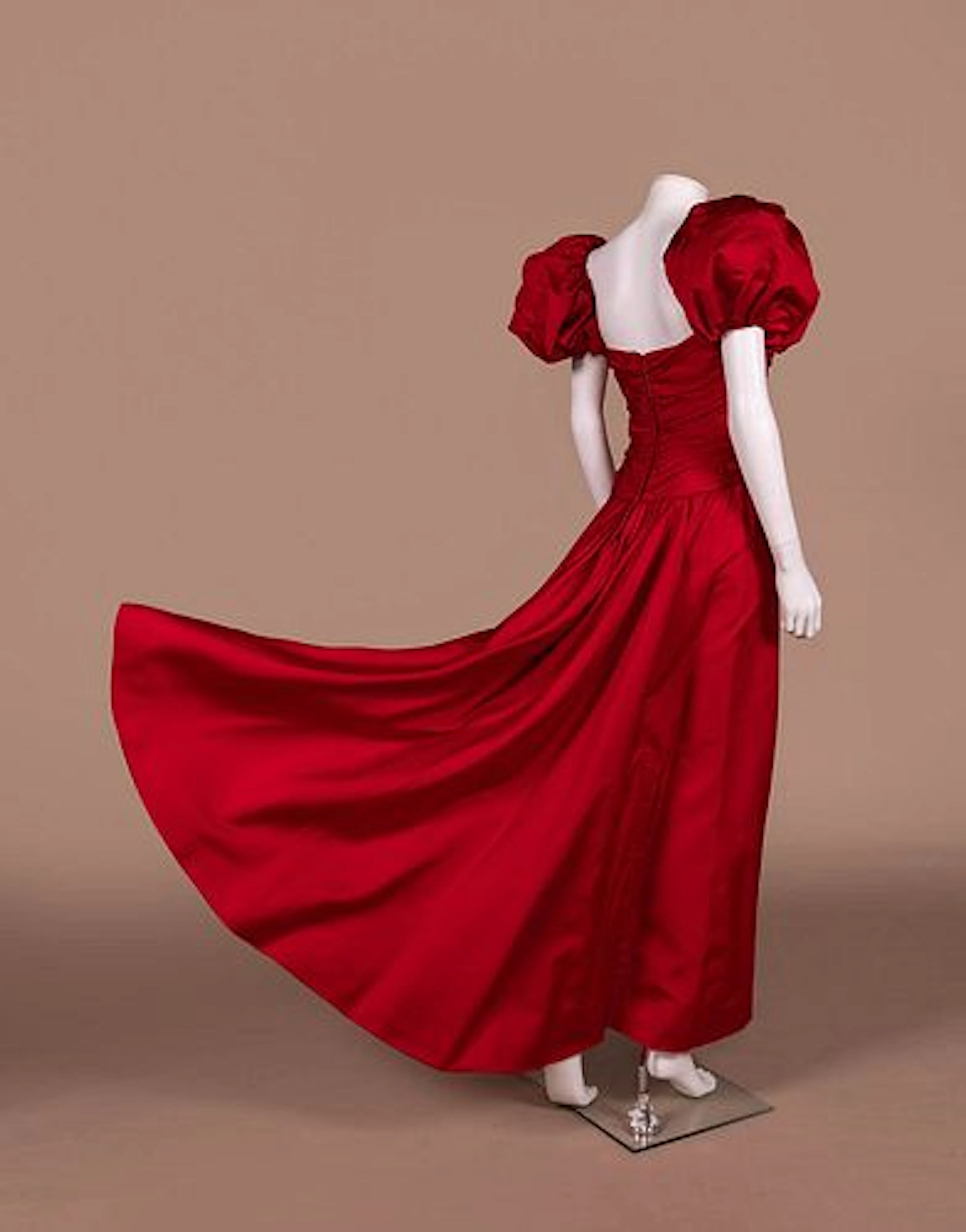 RED EVENING GOWN WITH STATEMENT SLEEVES, 1980S