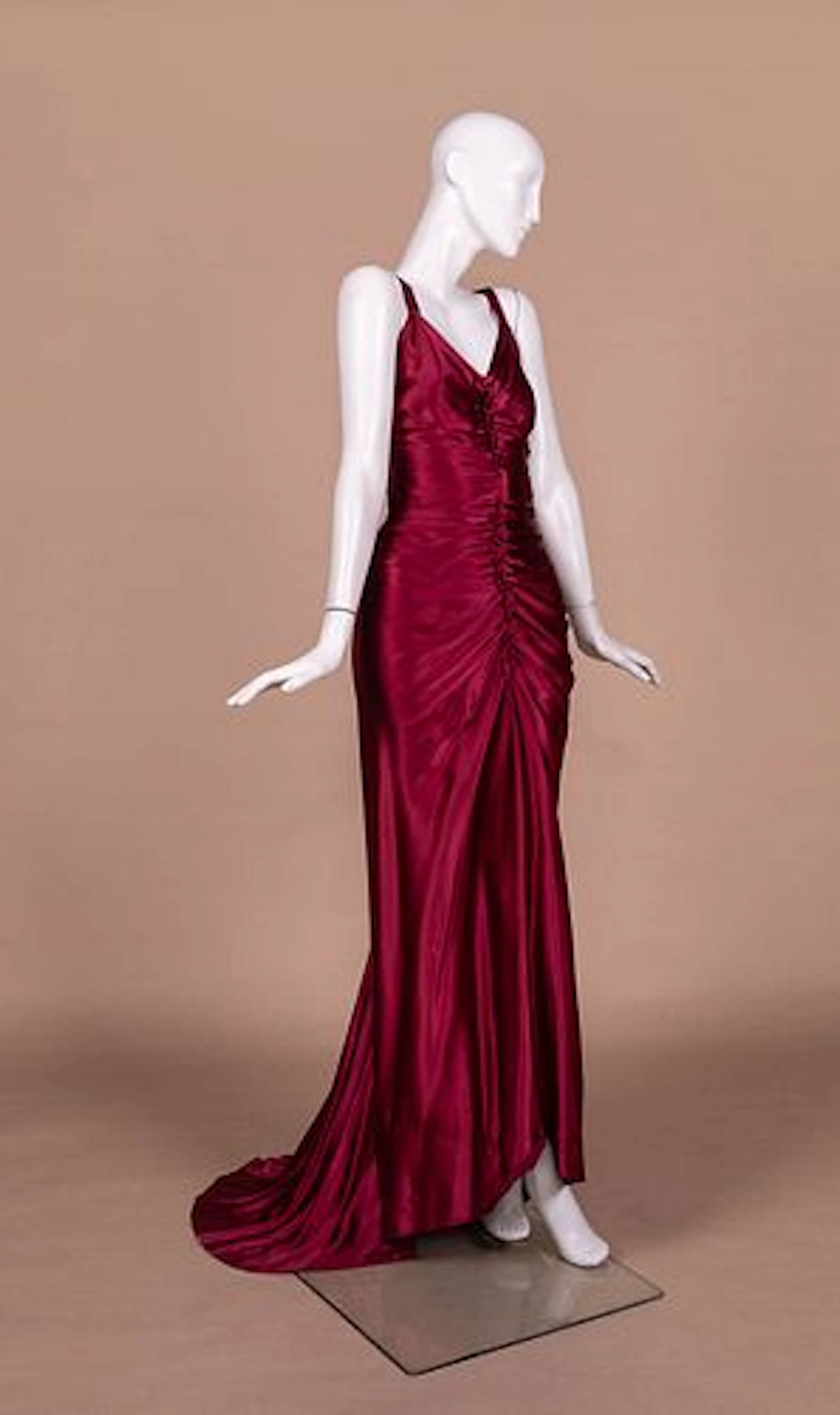 1930S STYLE BURGUNDY BIAS CUT SATIN EVENING GOWN