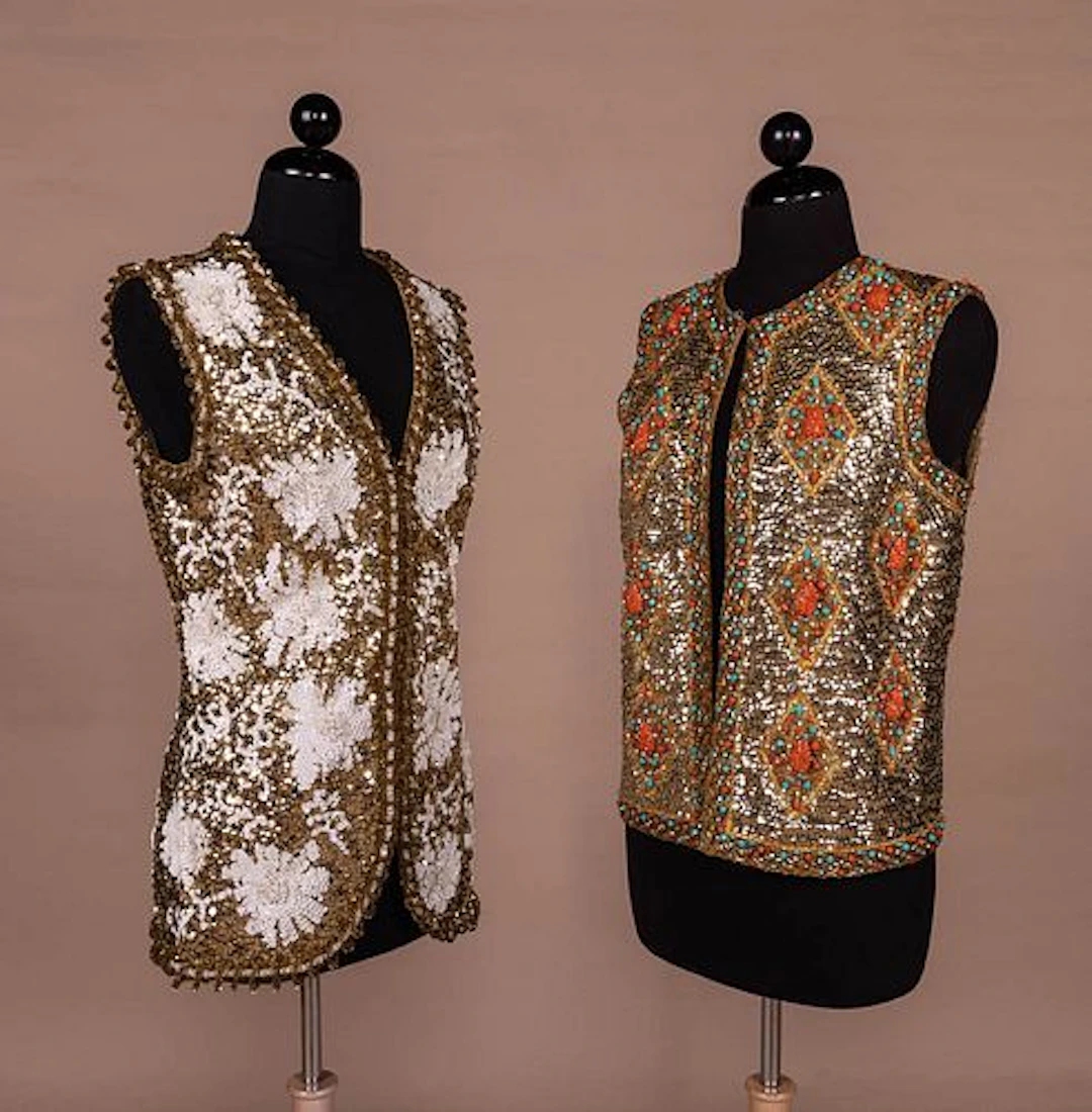 TWO BEADED & SEQUIN PARTY VESTS, HONG KONG, 1960S