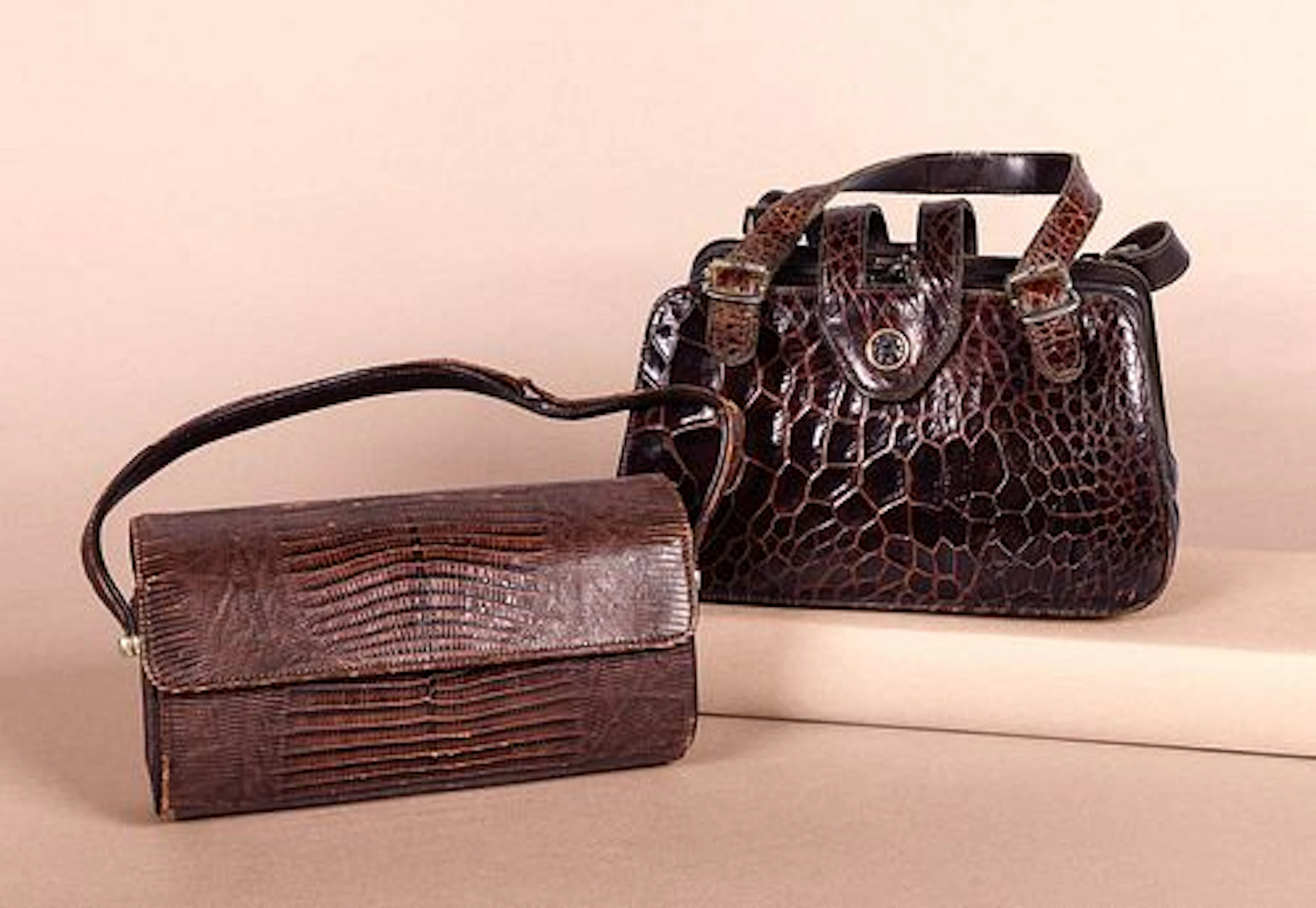 TWO CHIC BROWN REPTILE PURSES, MID 20TH C