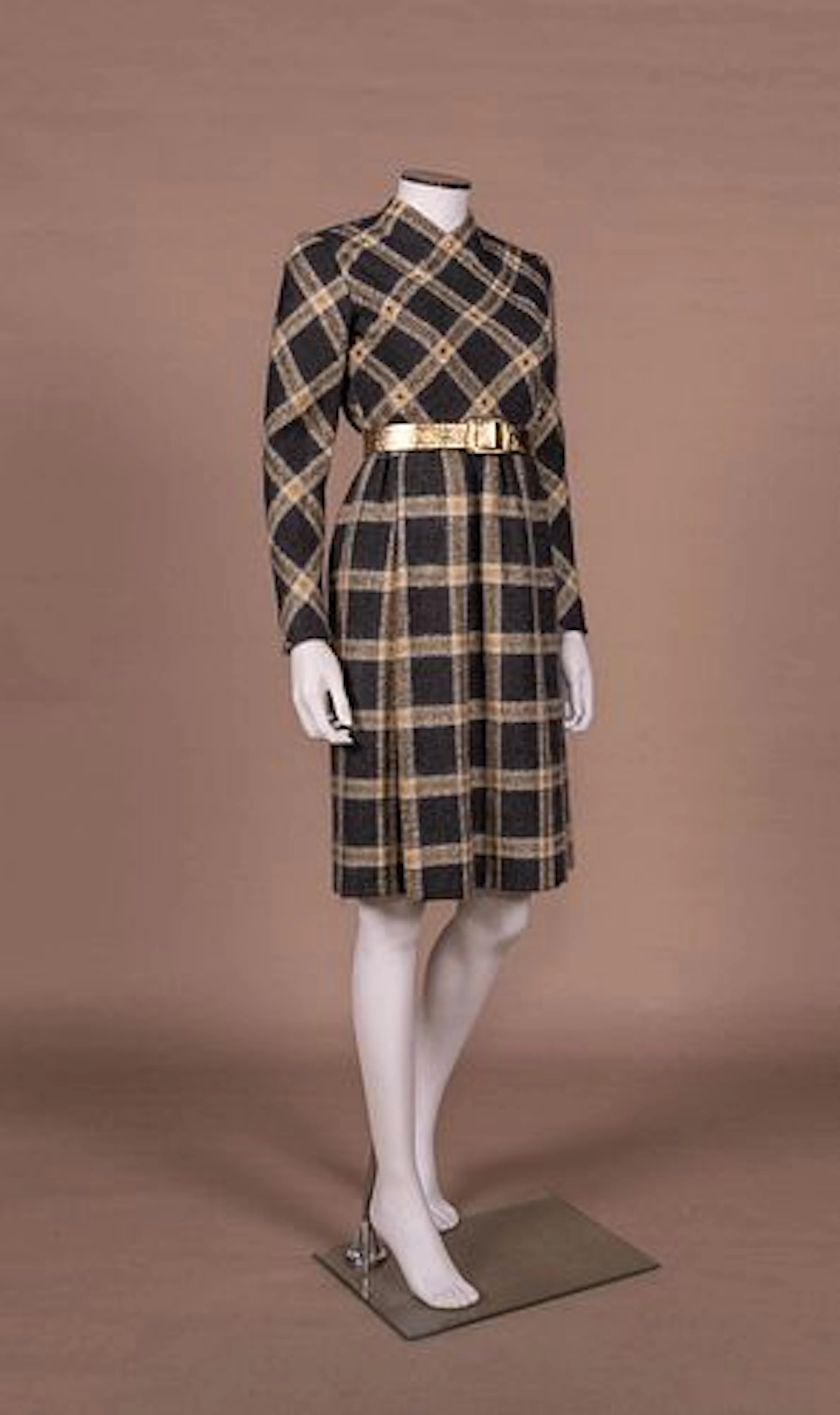 GEORGE HALLEY METALLIC PLAID KNIT DRESS, 1971