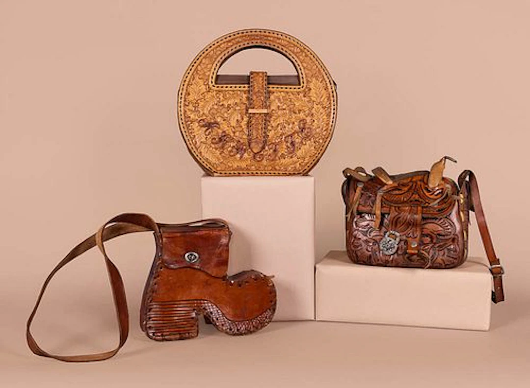 THREE TOOLED LEATHER NOVELTY PURSES, C. 1950 - 1970