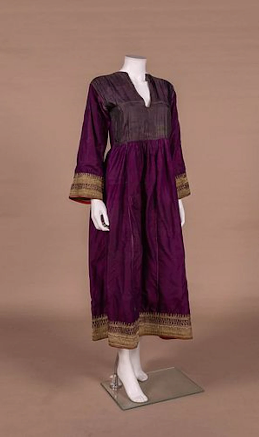 PURPLE SILK AFGHAN DRESS W/ METALLIC GOLD BRAID, EARLY 20TH C
