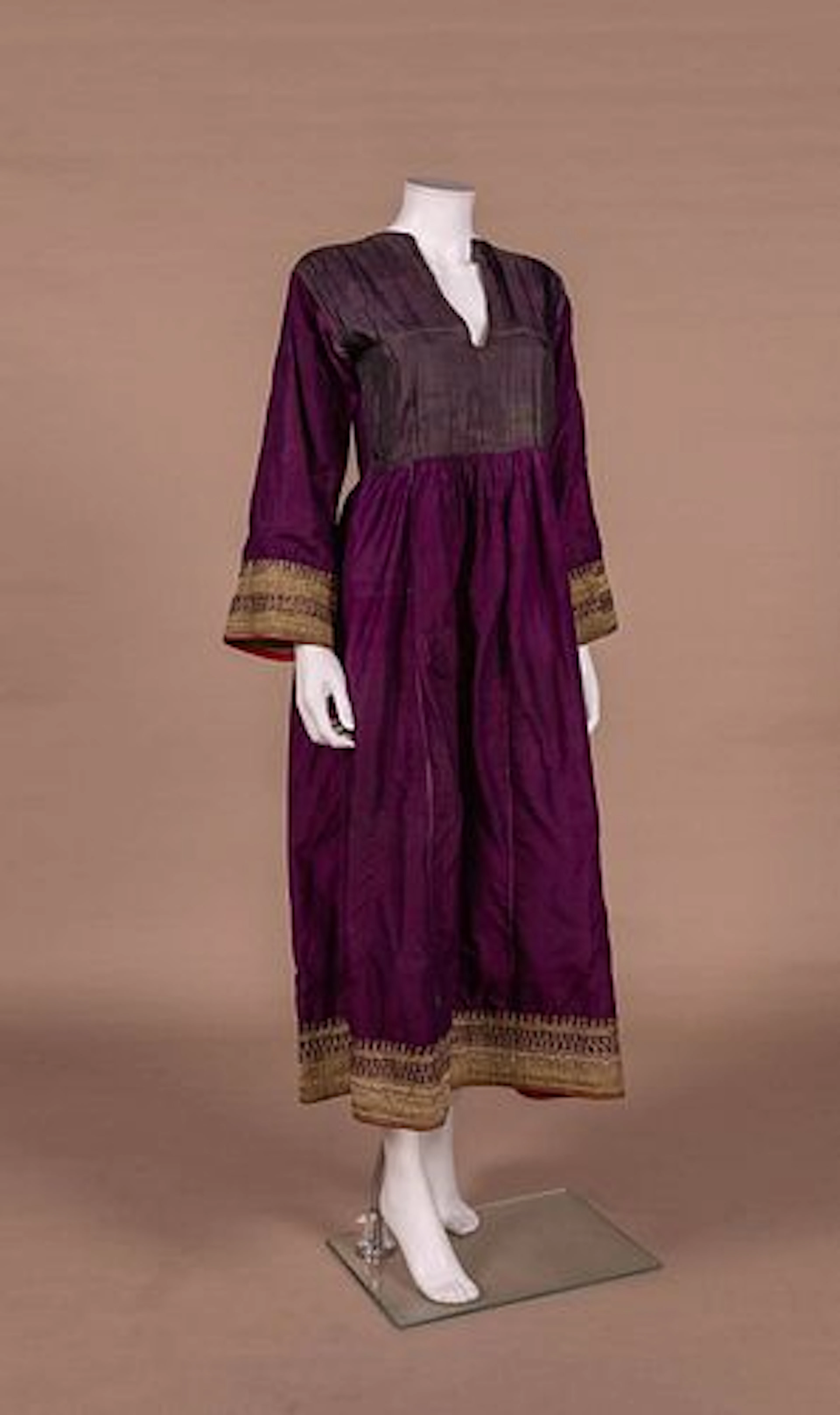 PURPLE SILK AFGHAN DRESS W/ METALLIC GOLD BRAID, EARLY 20TH C