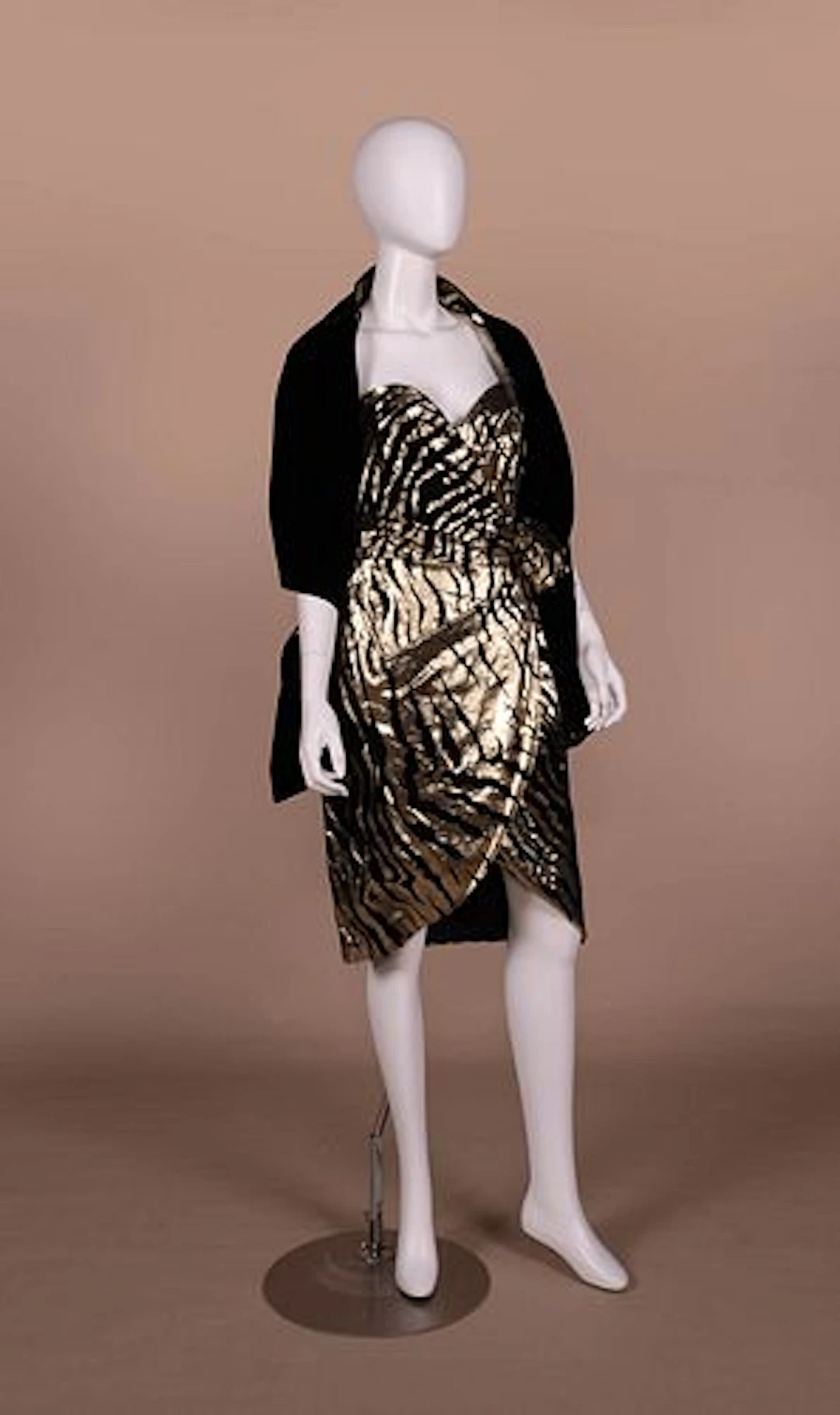 MORTON MYLES LAME & VELVET TIGER STRIPE DRESS & WRAP, 1980S