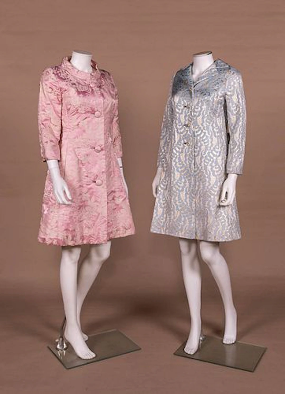 TWO PASTEL METALLIC BROCADE EVENING COATS, LATE 1960S - 1970S