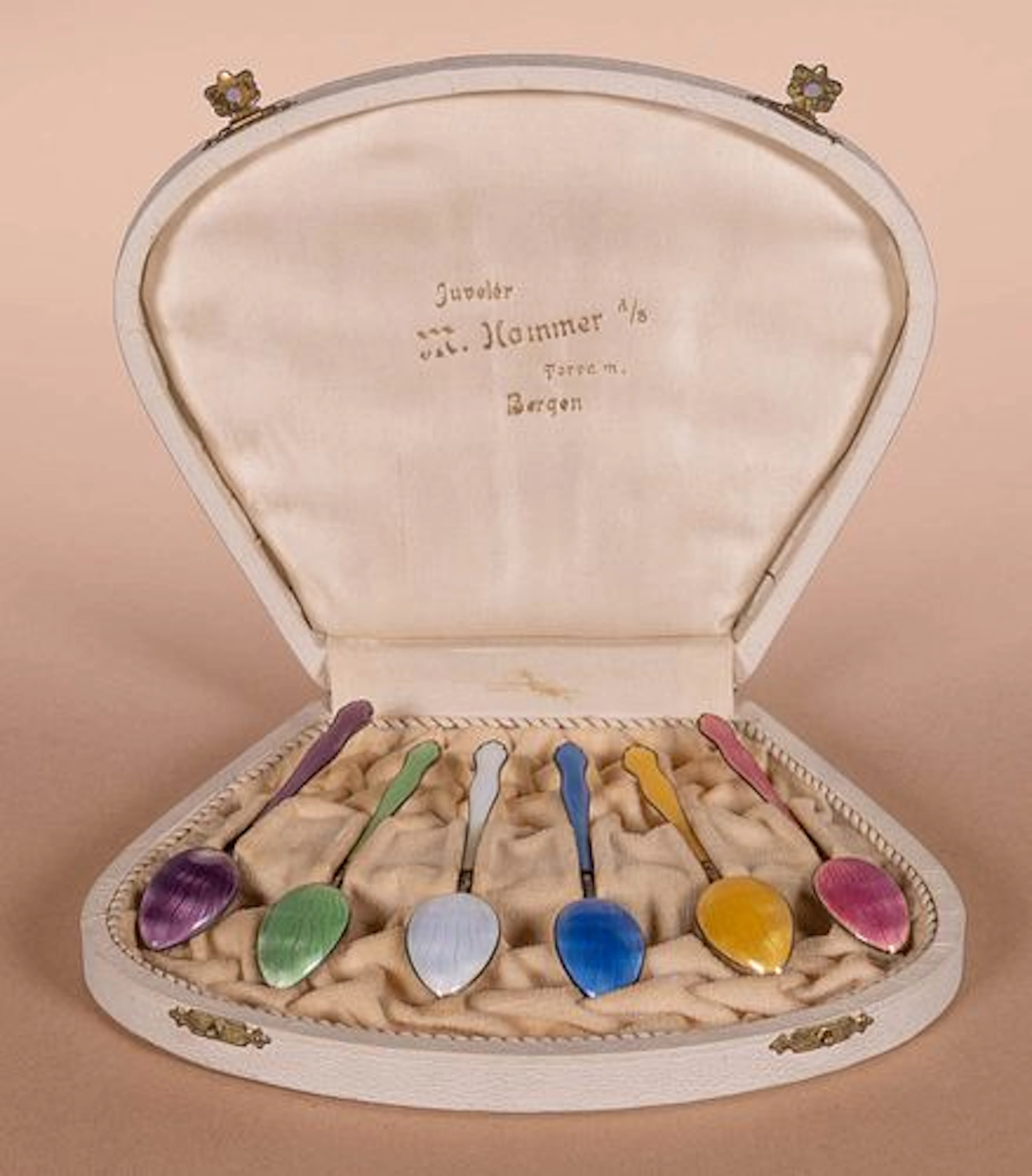 MARIUS HAMMER SILVER & ENAMEL TEASPOON SET, EARLY 20TH C