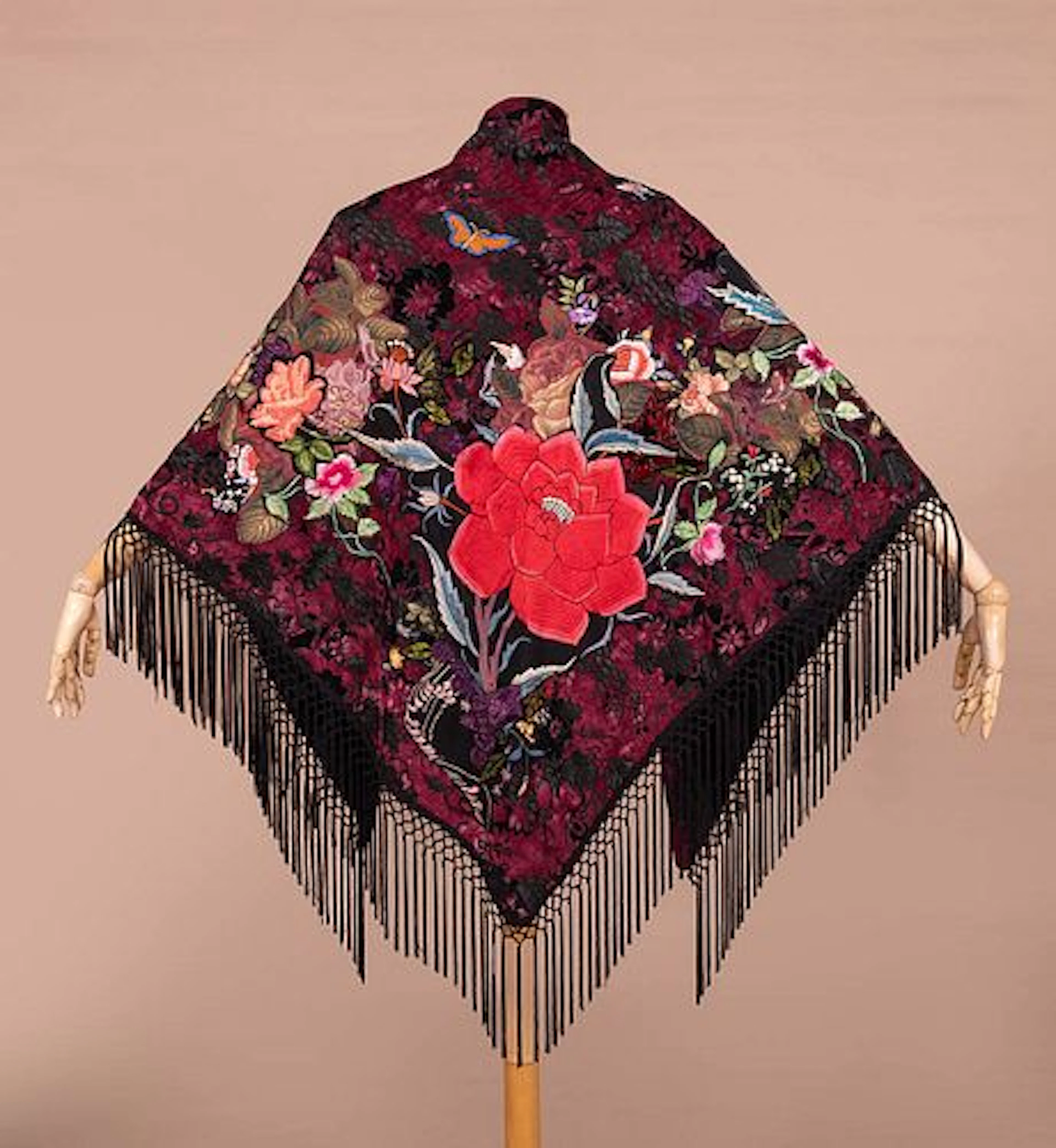 EMBROIDERED FRINGED SHAWL W/ ANTIQUE APPLIQUES