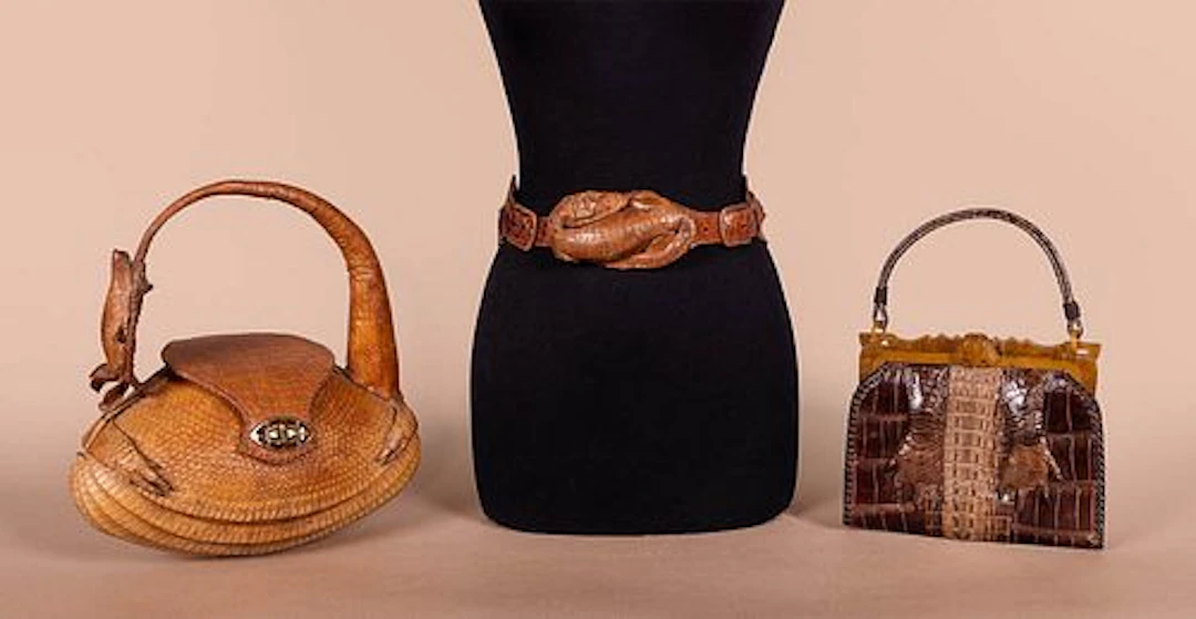THREE ARMADILLO OR CROCODILE ACCESSORIES, MID 20TH C